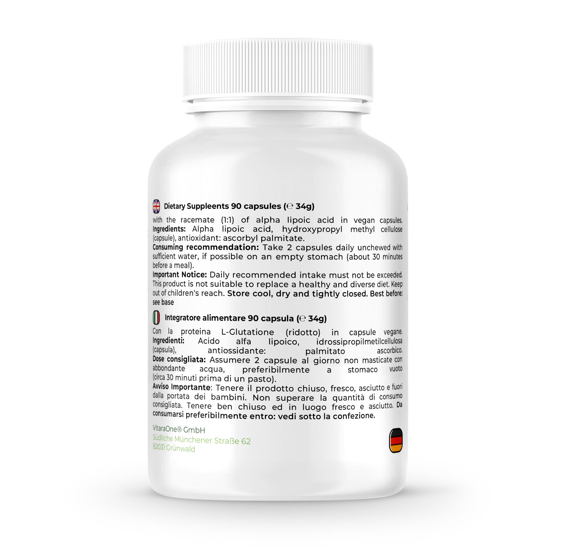 Retro del flacone bianco. Contiene informazioni sugli ingredienti e il dosaggio. 90 capsule. Testo in inglese e italiano.