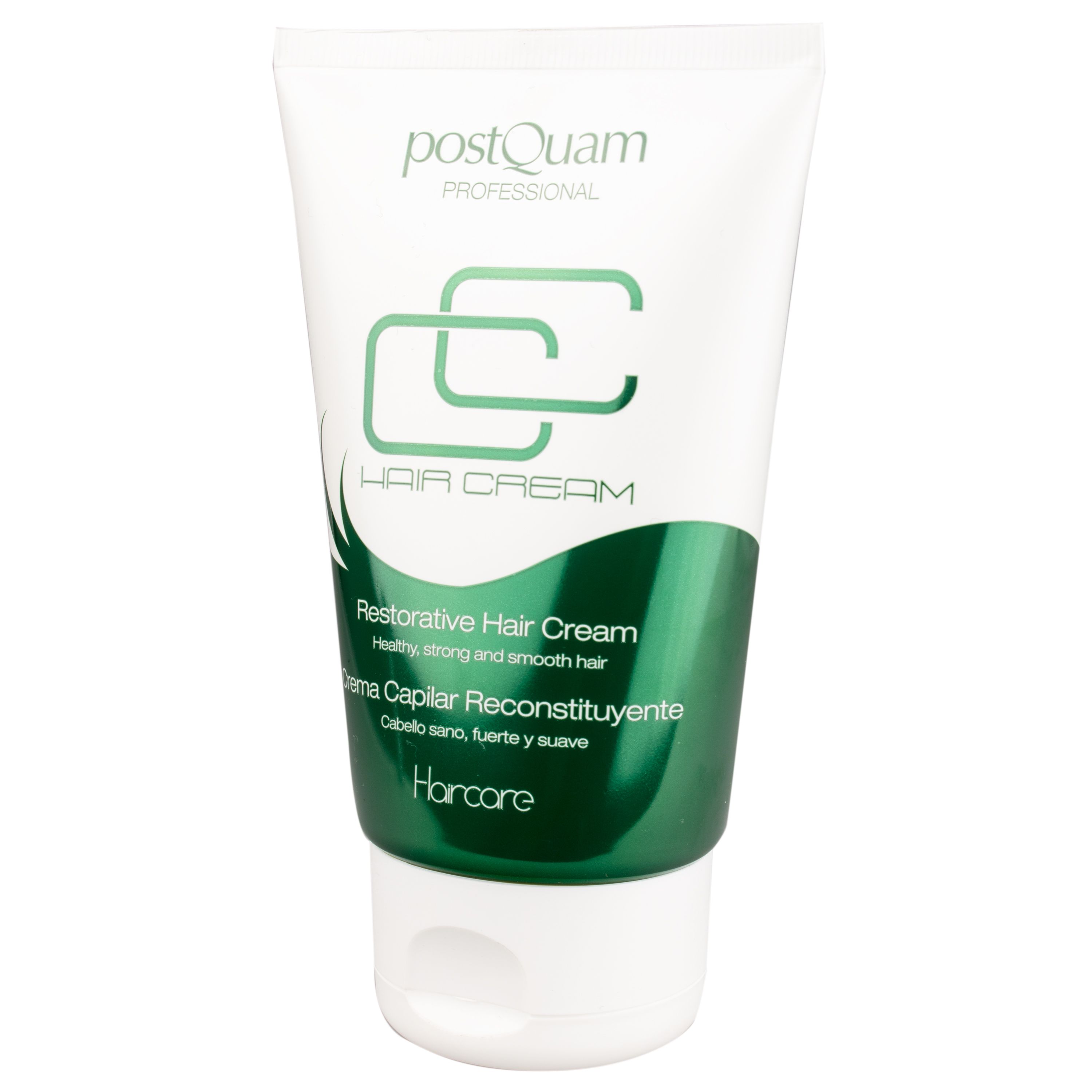 Tubo bianco e verde. Testo: Restorative Hair Cream, PostQuam Professional. Scritte in inglese e spagnolo.