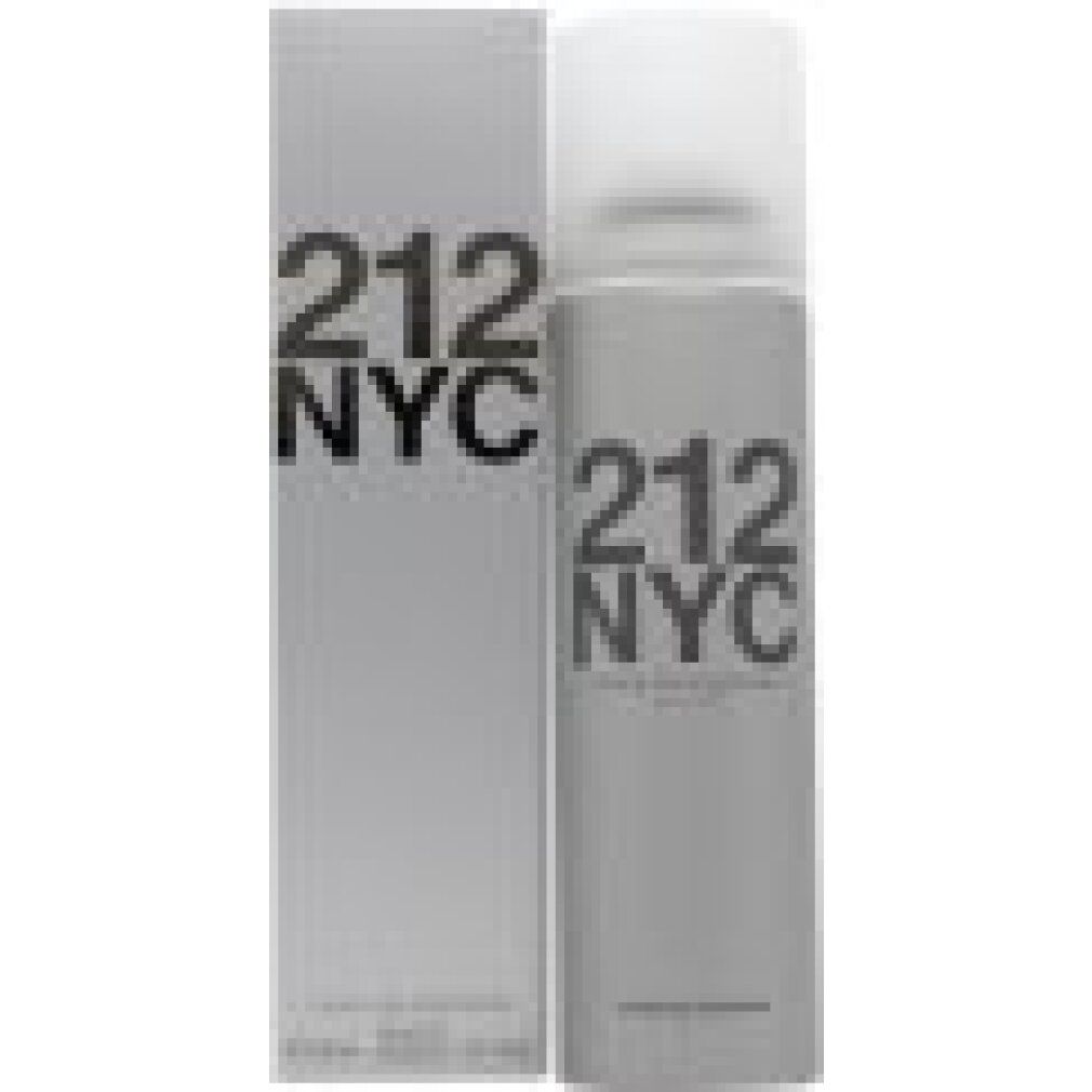 Spray deodorante e confezione. Spray argentato con tappo bianco. Scritta: 212 NYC, deodorante rinfrescante.