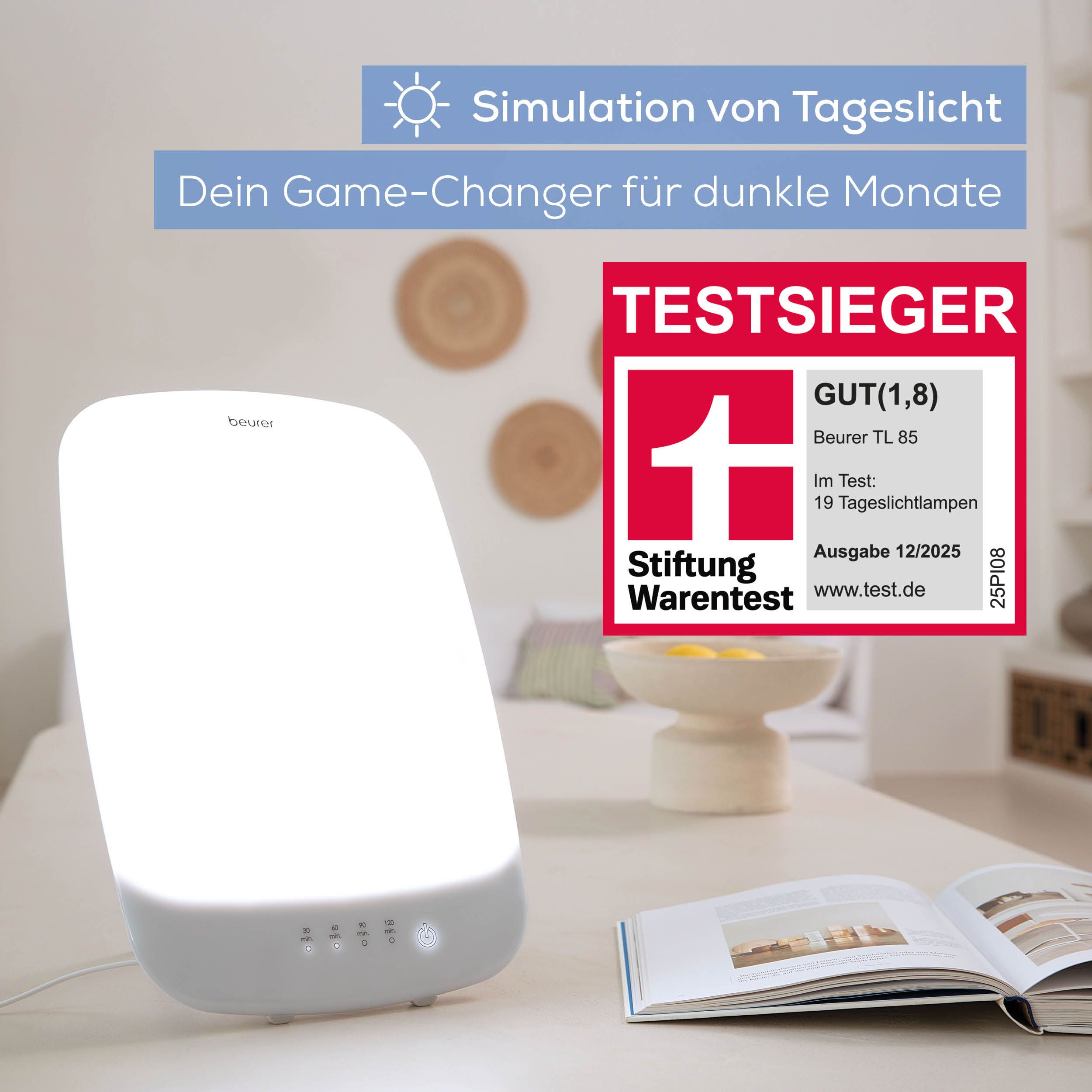 Lampada per la luce con sigillo di prova. Testo: Simulazione della luce diurna. Il tuo cambia gioco.