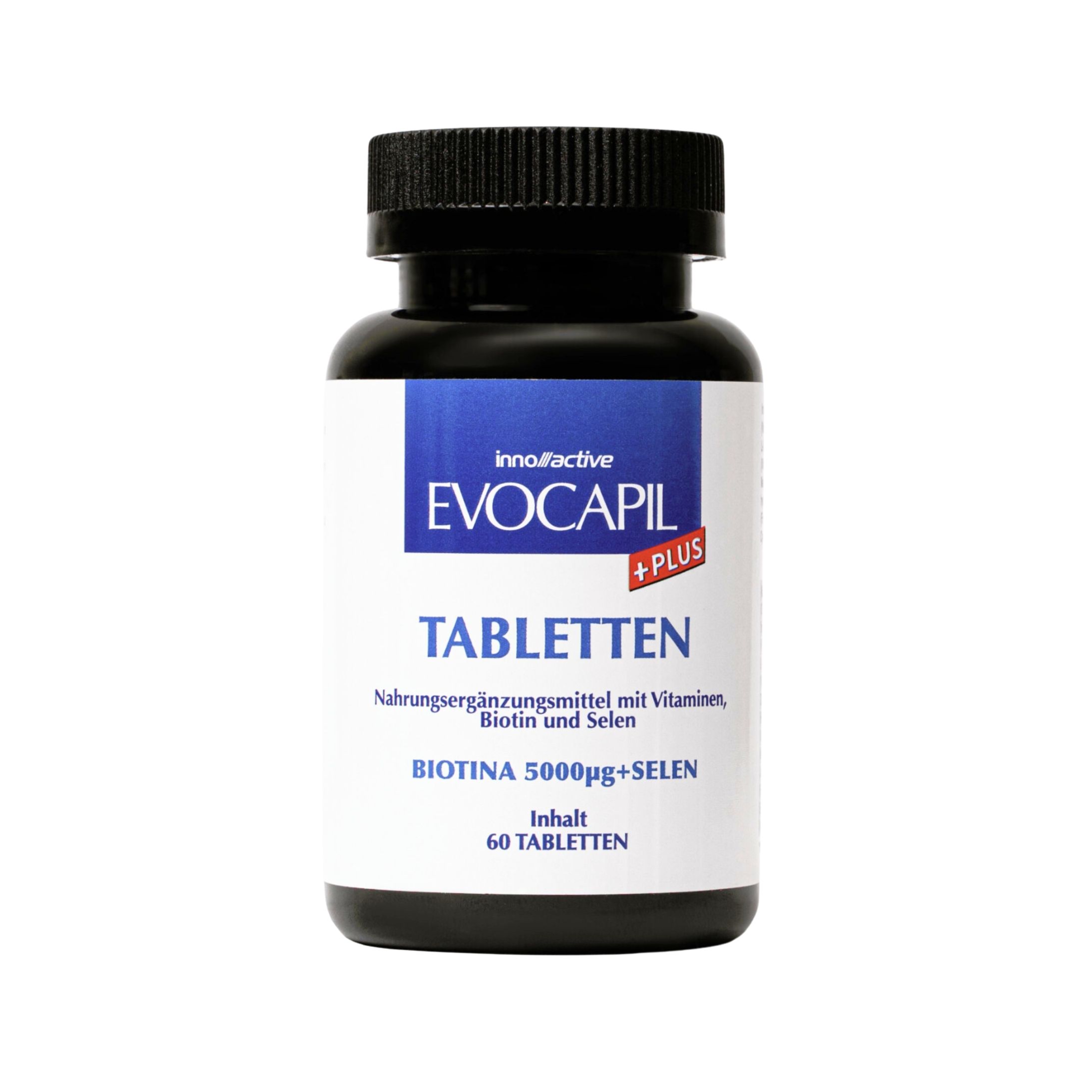Compresse Evocapil Plus in flacone nero. Contiene 60 compresse. Etichetta blu con informazioni.