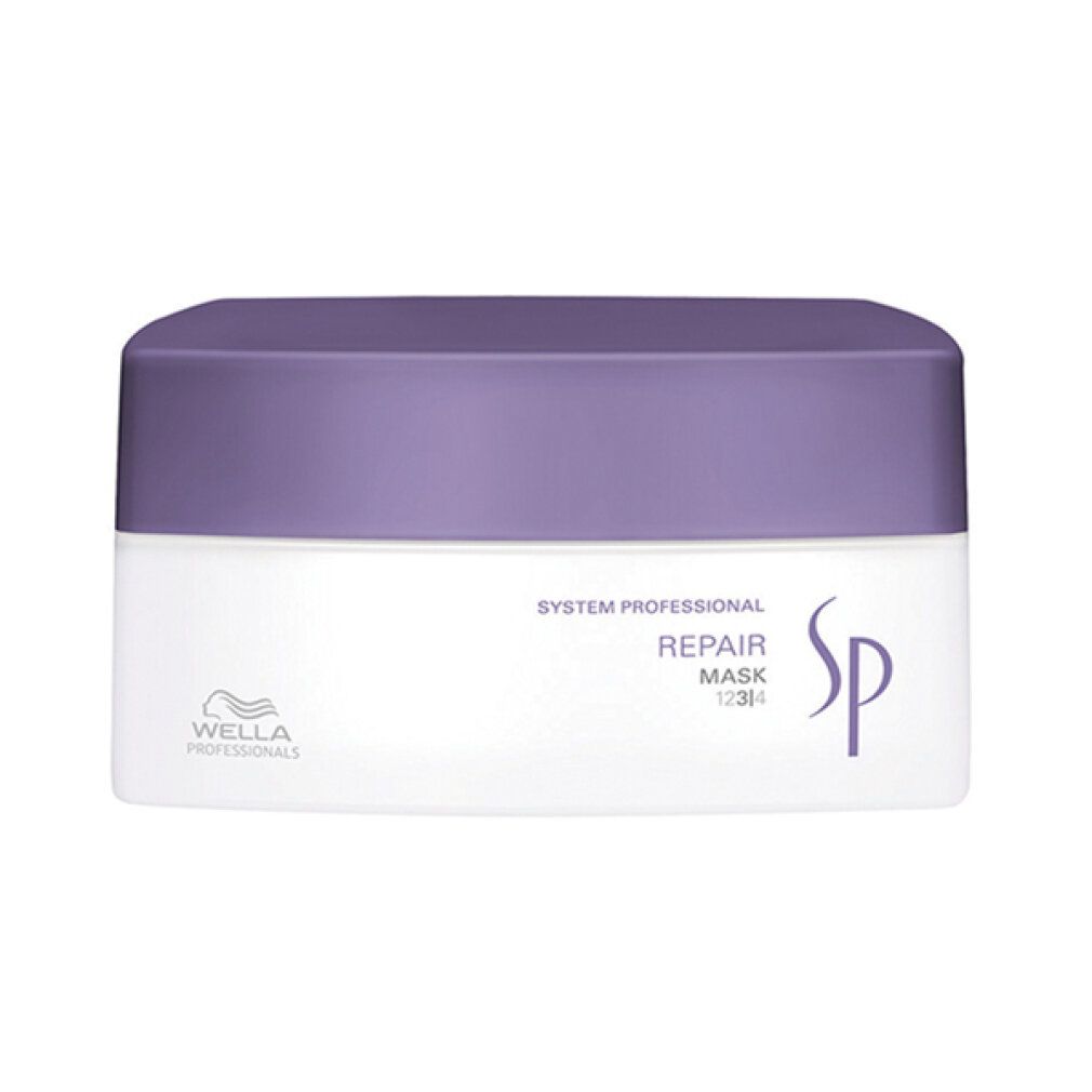 Barattolo rettangolare con coperchio viola. Scritta: System Professional Repair Mask. Logo Wella. Barattolo bianco con coperchio viola.