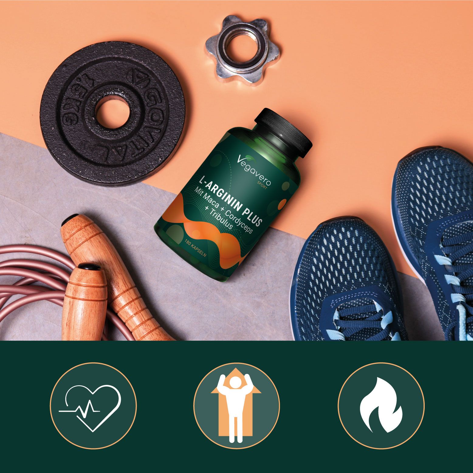 Flacone VEGAVERO L-Arginina Plus accanto a attrezzature sportive: disco pesi, manubrio, scarpe da ginnastica. Icone salute.