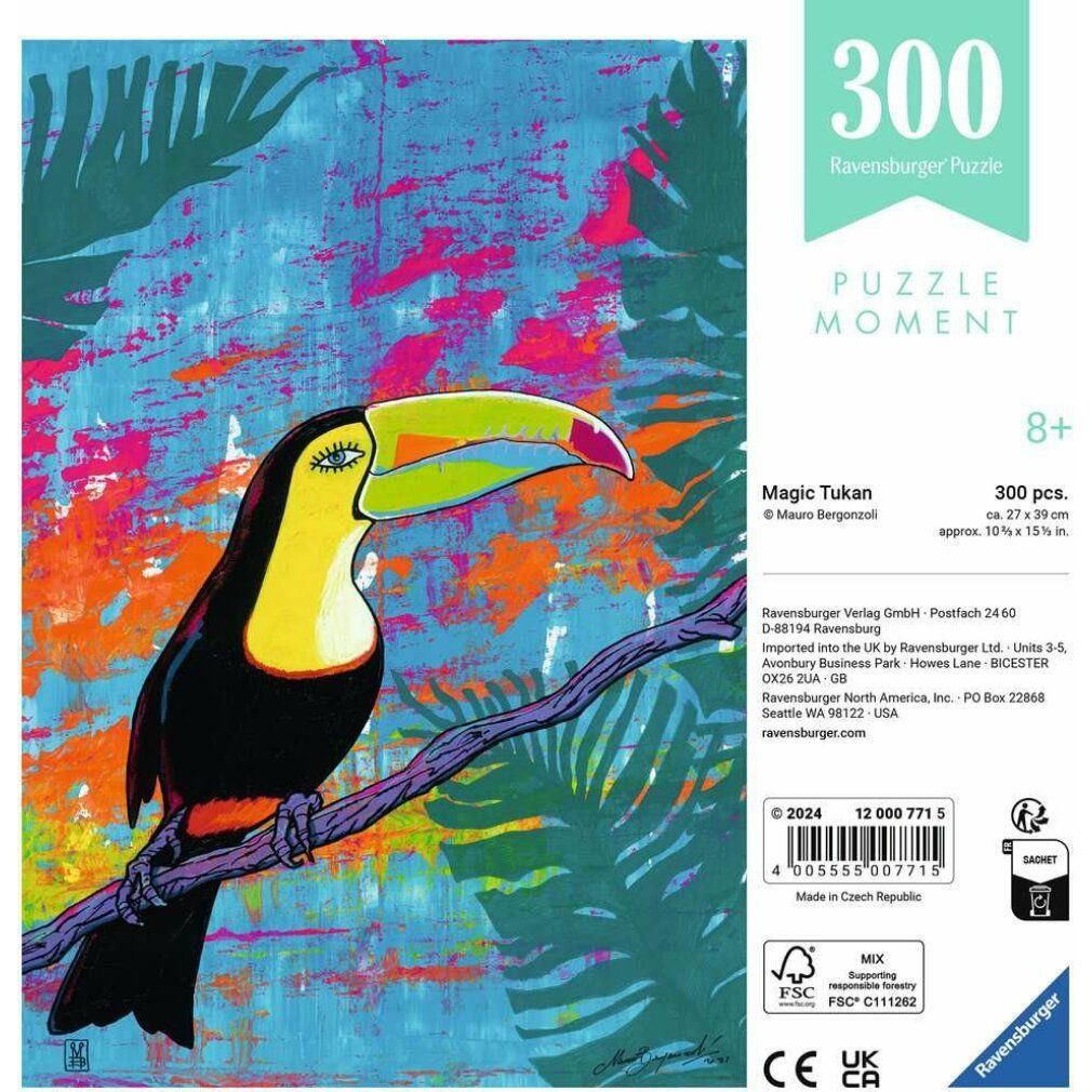 Scatola puzzle con motivo tucano. Scritta: 300 pezzi, Ravensburger. Informazioni su dimensioni e produttore.