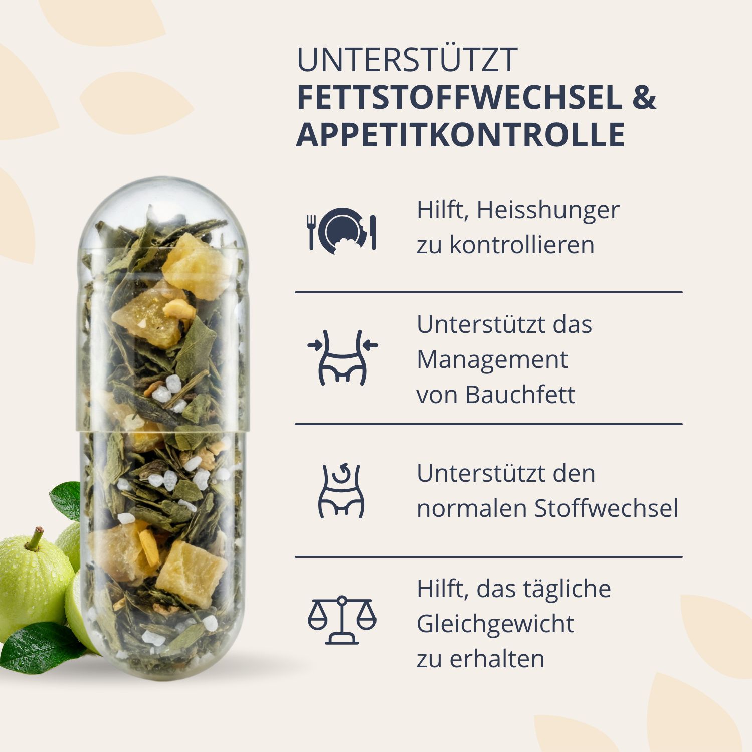Capsula trasparente con ingredienti che supportano il metabolismo e il controllo dell'appetito.