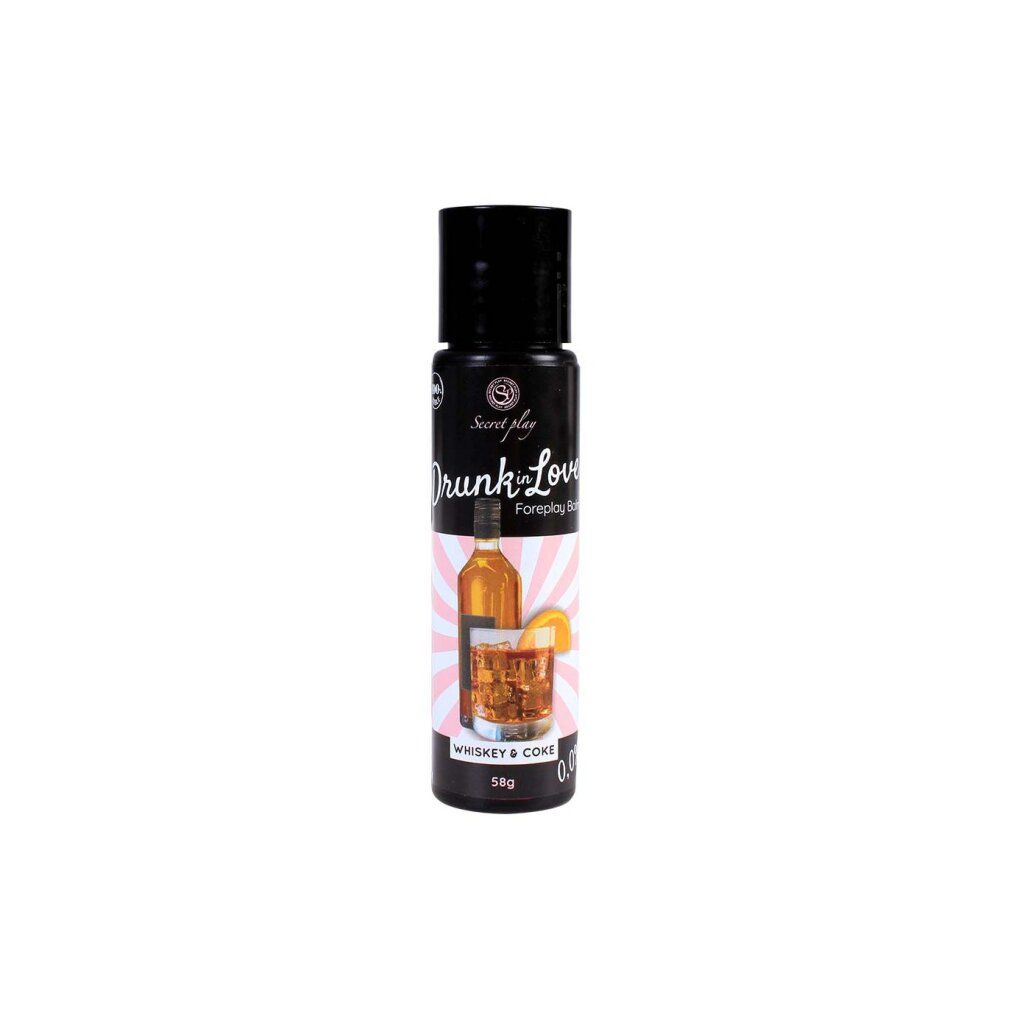 Flacone nero con scritta "Drunk in Love". Illustrazione di cocktail whisky e cola. Indicazione 58g.