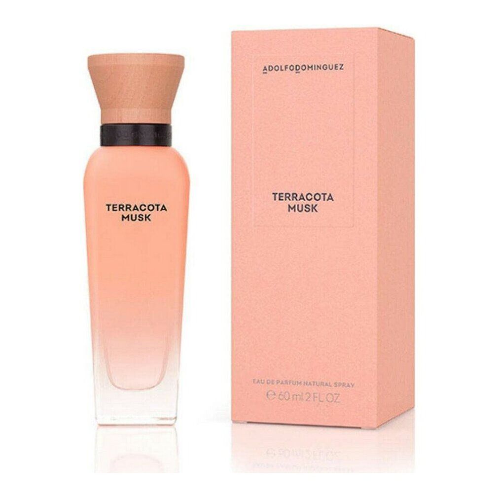 Flacone di profumo e confezione. Flacone con tappo beige, anello nero e corpo rosa. Confezione rosa con testo.