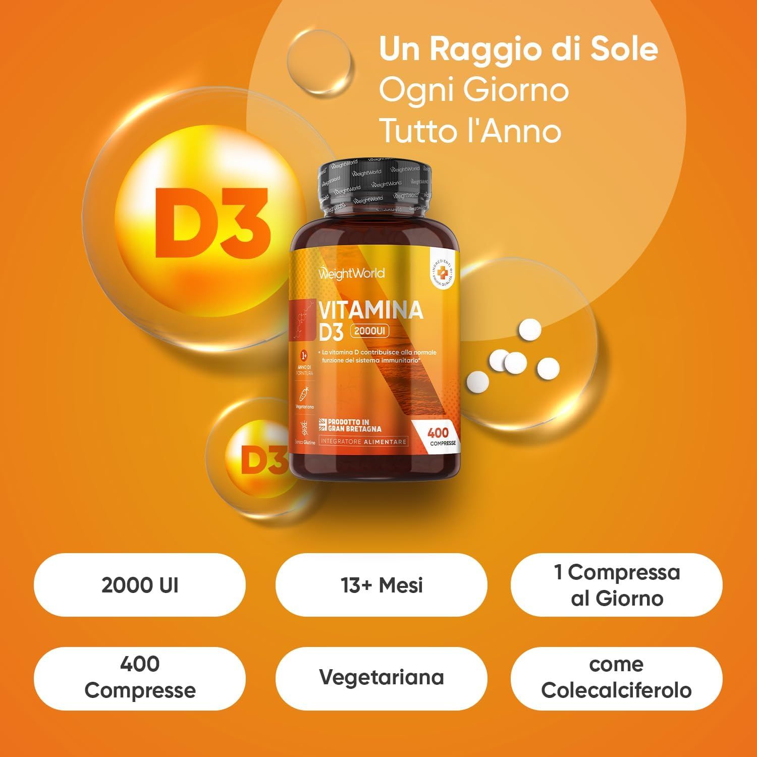 Immagine del prodotto con flacone di vitamina D3 2000IE. Testo: 2000 UI, 13+ mesi, 1 compressa al giorno, 400 compresse, vegetariano.
