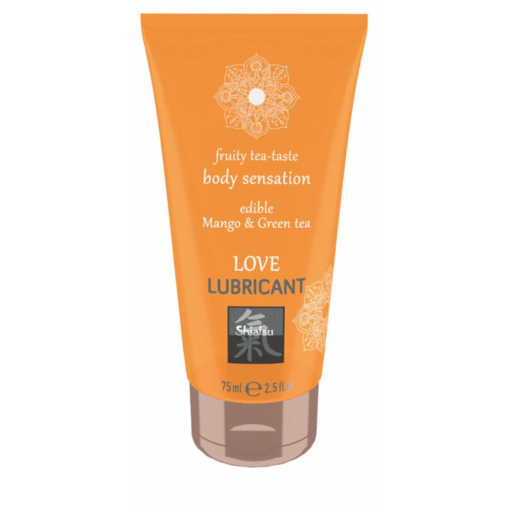 Tubo arancione con scritta 'Love Lubricant'. Gusto 'Mango & Green tea'. Logo 'Shiatsu'. Contenuto 75ml/2.5 fl oz.