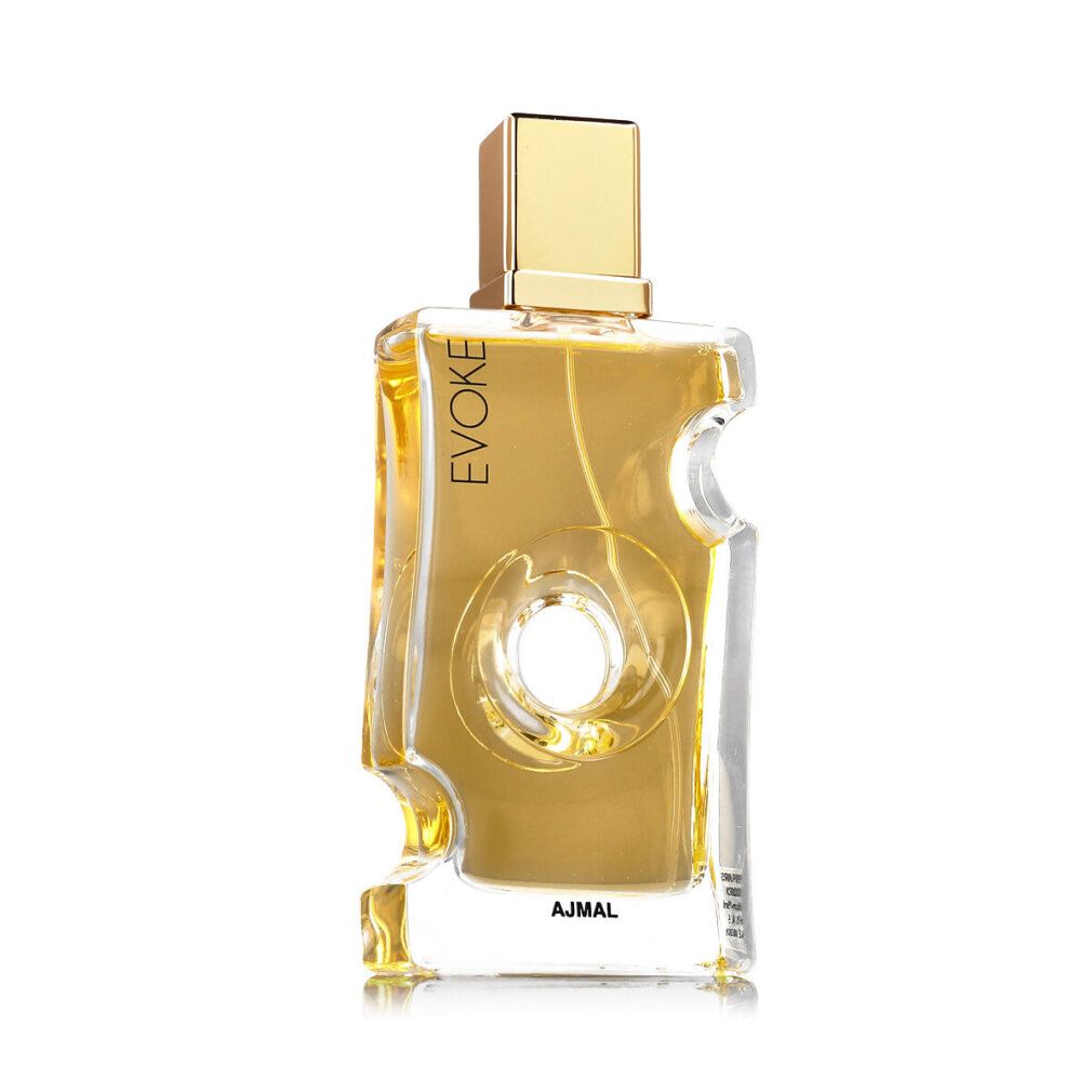 Flacone di profumo con tappo dorato. Scritte: EVOKE e AJMAL. Forma squadrata con intagli e cerchio bianco.