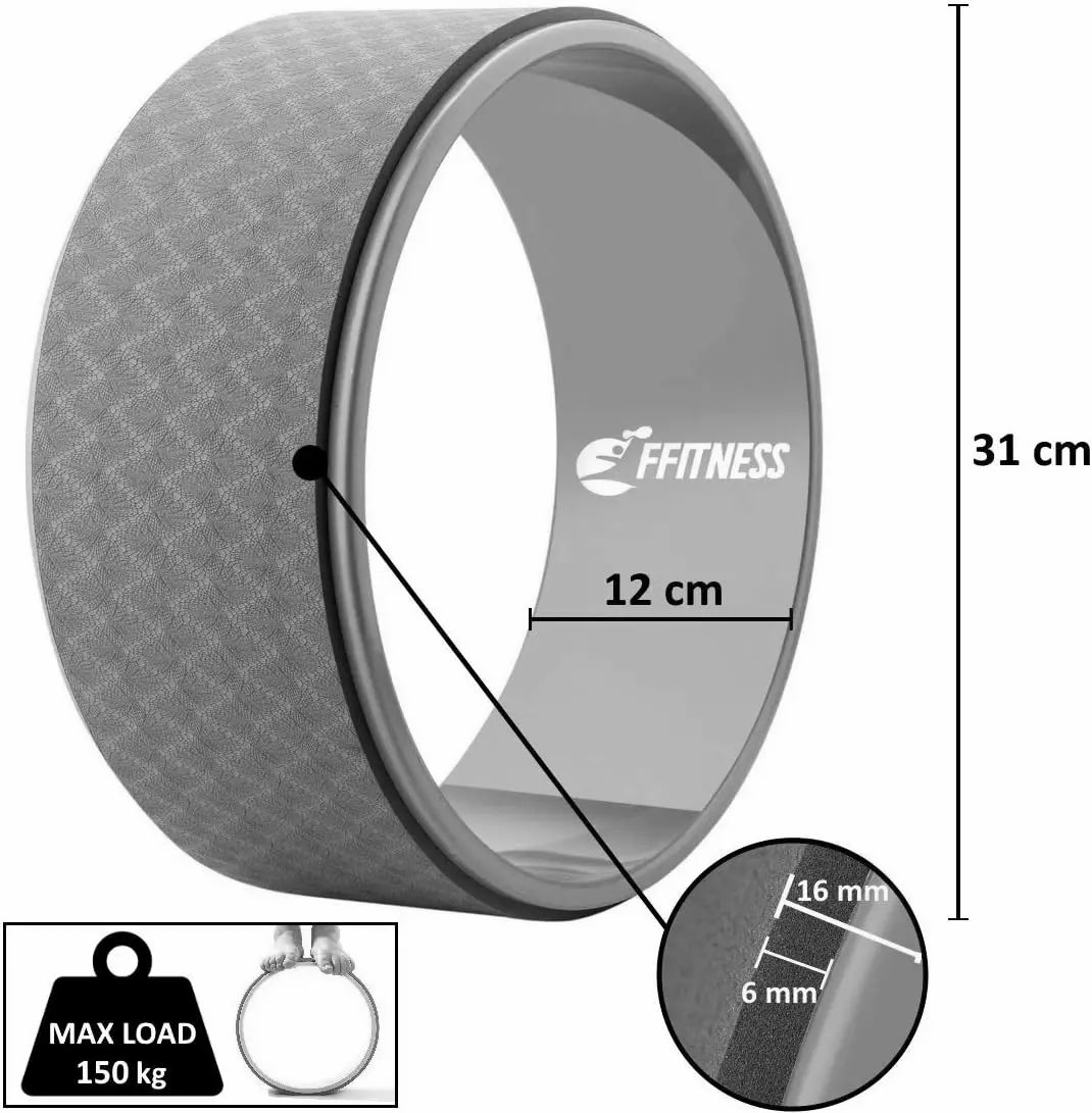 Ruota yoga con logo. Dimensioni: 31 cm diametro, 12 cm larghezza. Dettaglio: 6 mm interno, 16 mm esterno. Carico max. 150 kg.