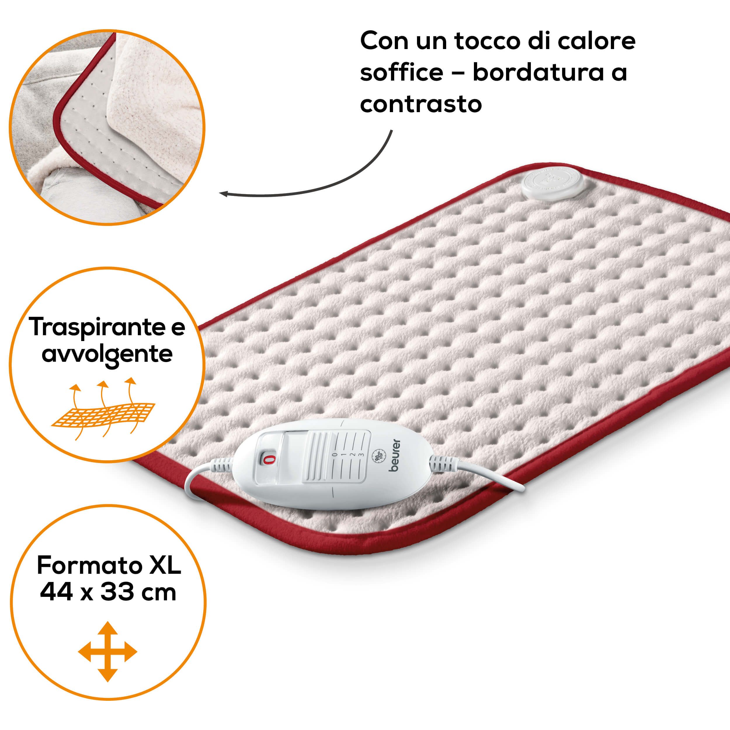 Cuscino riscaldante con bordo rosso. Dettagli: traspirante, morbido, formato XL 44x33 cm. Logo Beurer.