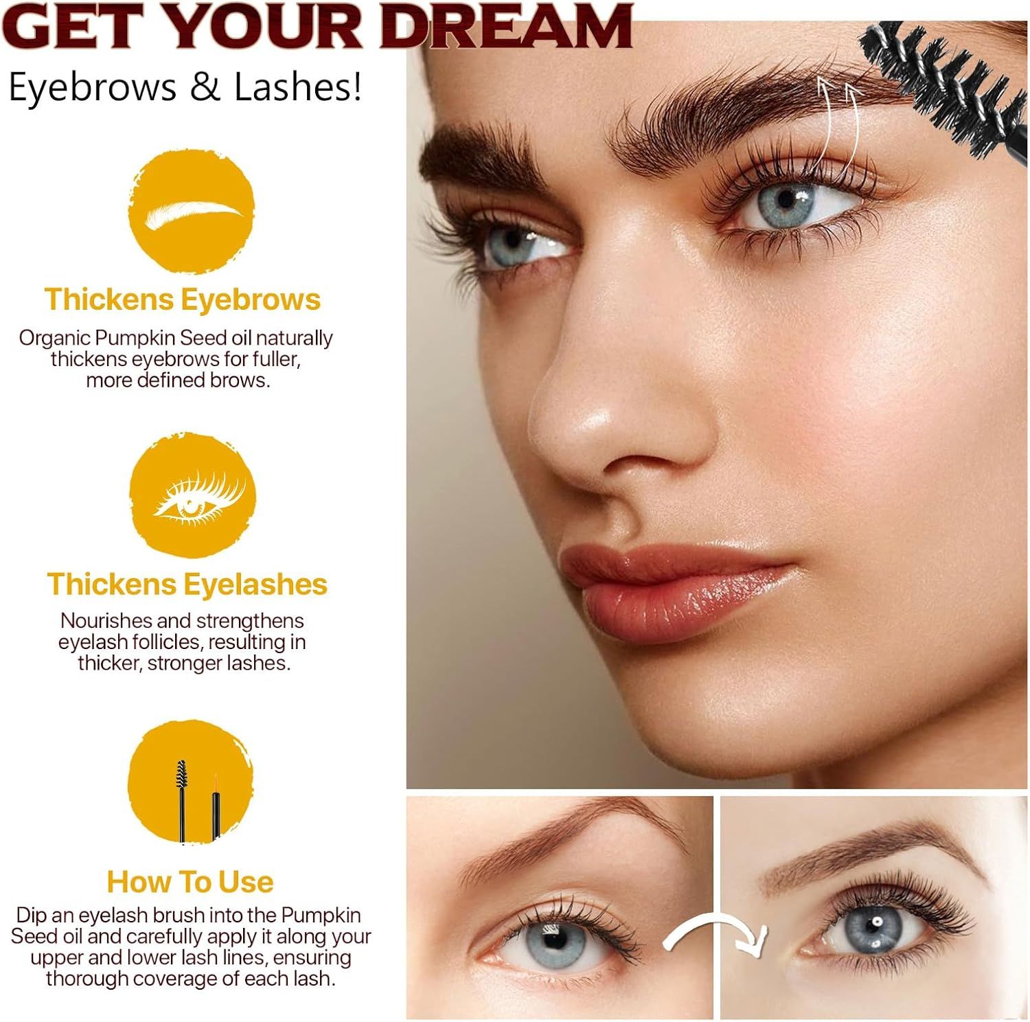 Donna con occhi e sopracciglia. Testo: GET YOUR DREAM Eyebrows & Lashes! Illustrazioni e testo su sopracciglia e ciglia.