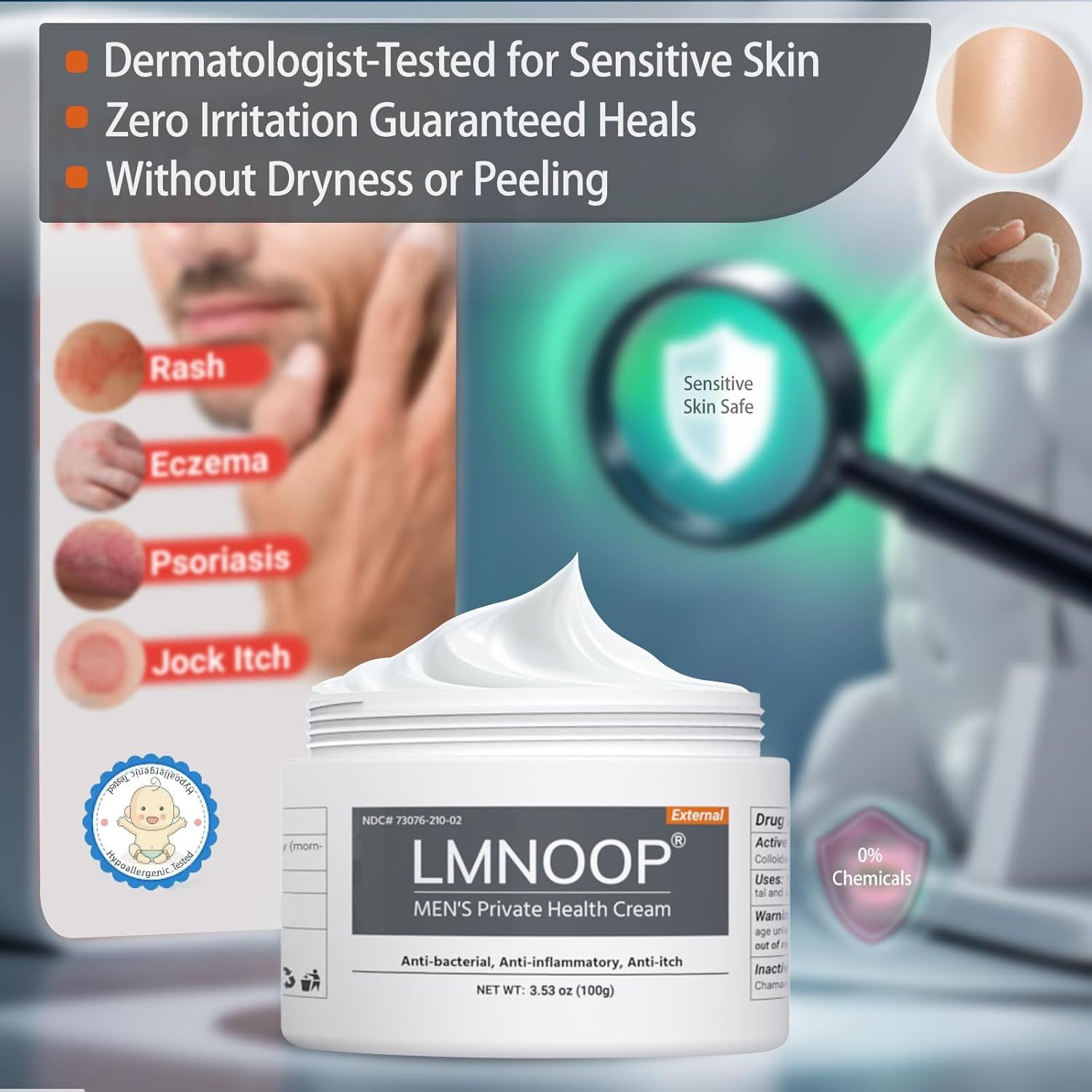 Vasetto di crema bianco. Testo: "LMNOOP MEN'S Private Health Cream". Testo: Testato dermatologicamente, nessuna irritazione, senza secchezza.