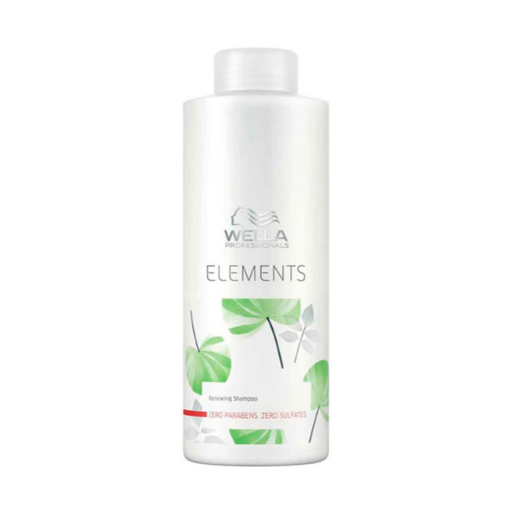 Flacone di shampoo bianco con motivo a foglie verdi. Scritta: Wella Professionals, ELEMENTS, Renewing Shampoo. Senza parabeni e solfati.