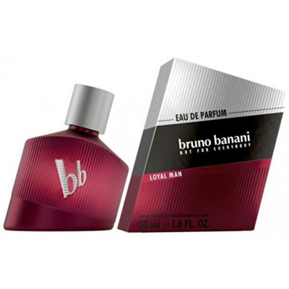 Flacone di profumo rosso con tappo argentato e confezione. Scritta: Bruno Banani Loyal Man Eau de Parfum. Striscia nera con testo.