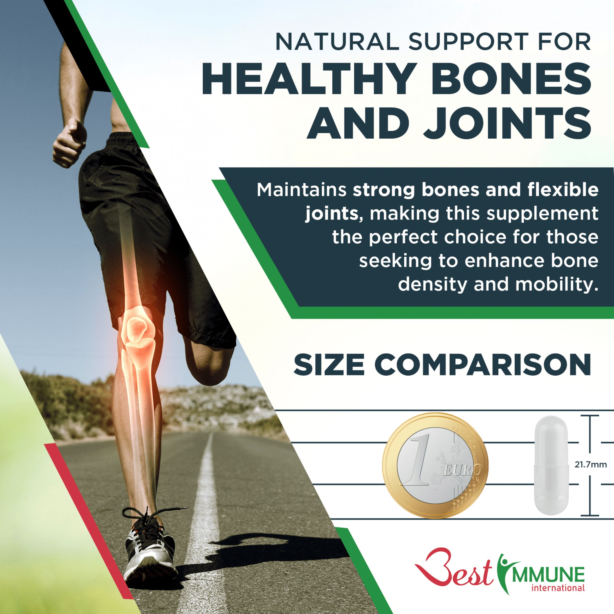Uomo che fa jogging. Illustrazione di un ginocchio. Confronto: capsula e moneta da 1 euro. Marchio: Best Immune. Testo: Ossa e articolazioni sane.