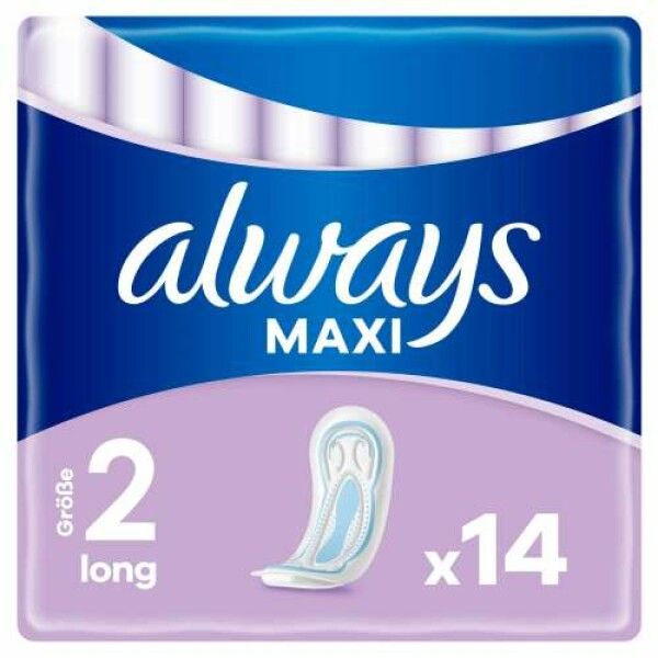 Confezione di assorbenti Always Maxi Profresh Long. Confezione blu e viola con immagine del prodotto e scritta Always Maxi.