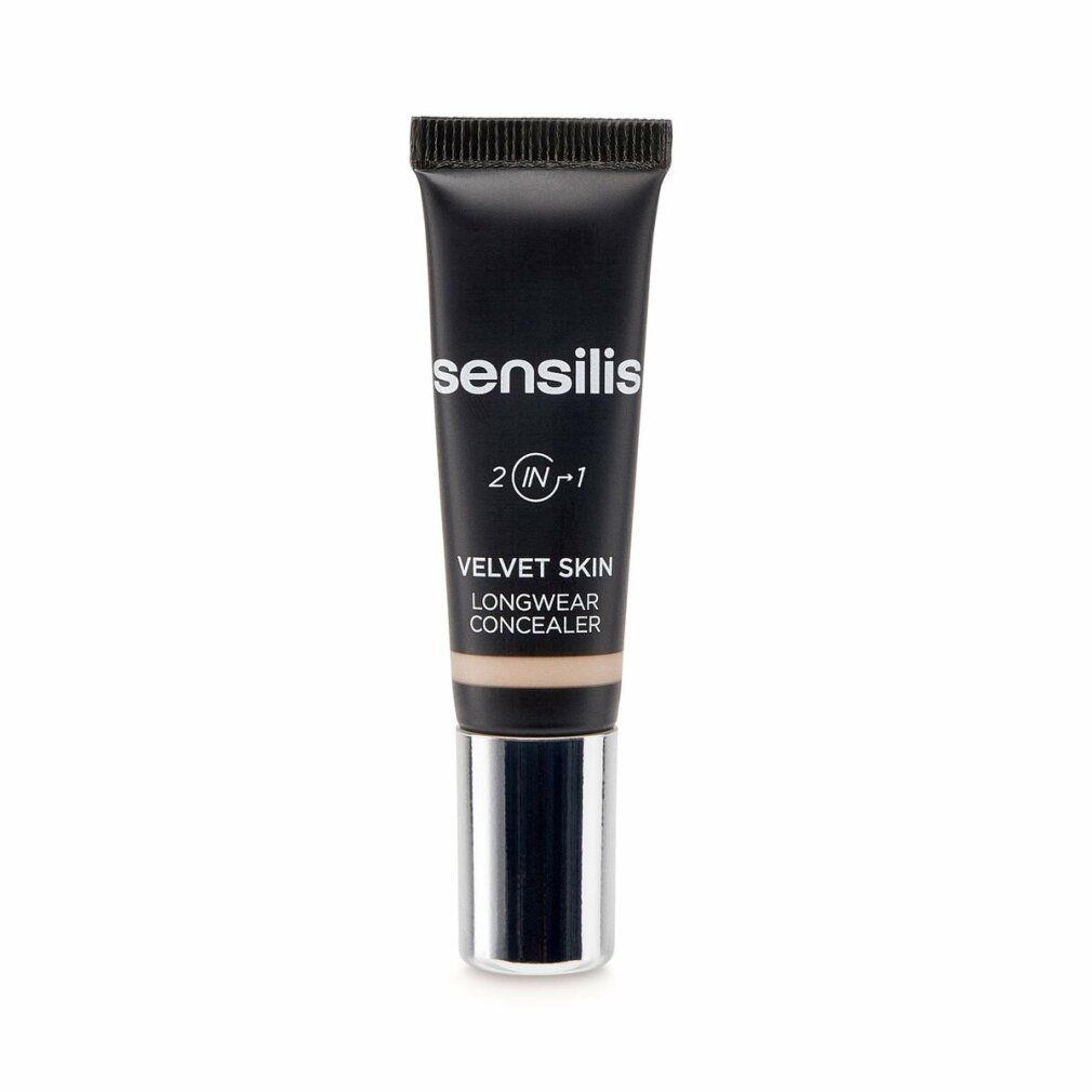 Tubo nero Sensilis. Testo: Velvet Skin Longwear Concealer. Tappo argentato. Contiene 2 in 1. Tonalità chiara.