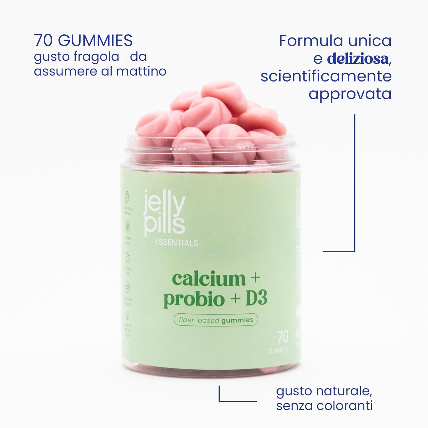 Jelly Pills Essentials Calcium + Probio + D3 Gummies. 70 caramelle gommose. Gusto fragola. Da assumere al mattino. Formula unica, scientificamente provata.