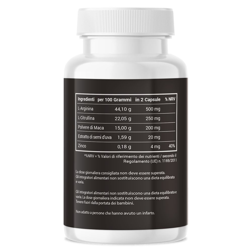 Retro di un flacone bianco con etichetta nera. Testo: Ingredienti per 100 grammi e in 2 capsule, informazioni nutrizionali.