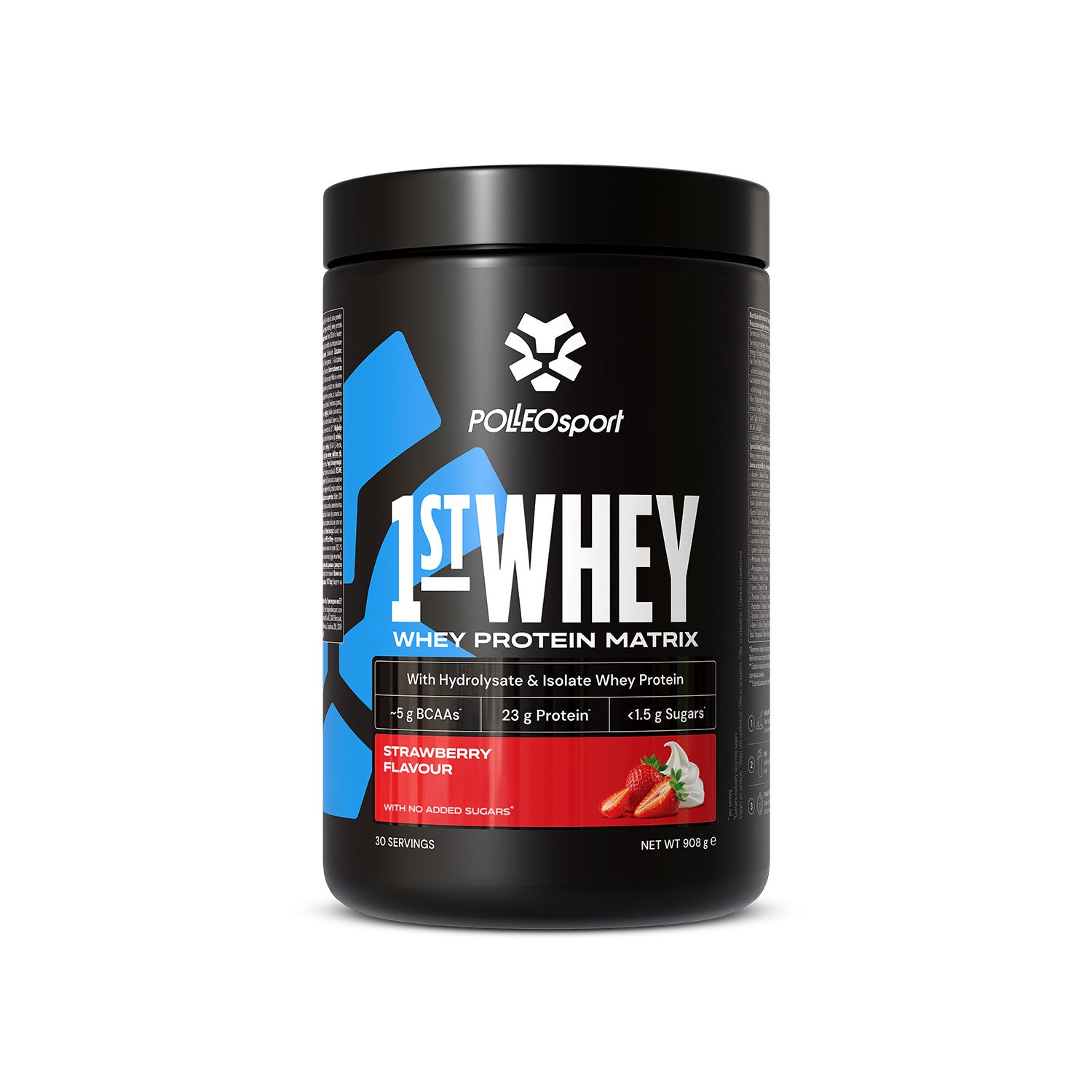 Barattolo nero di polvere proteica. Scritta: 1ST:WHEY. Gusto: Fragola. Contiene 30 porzioni. Marchio: PolleoSport.
