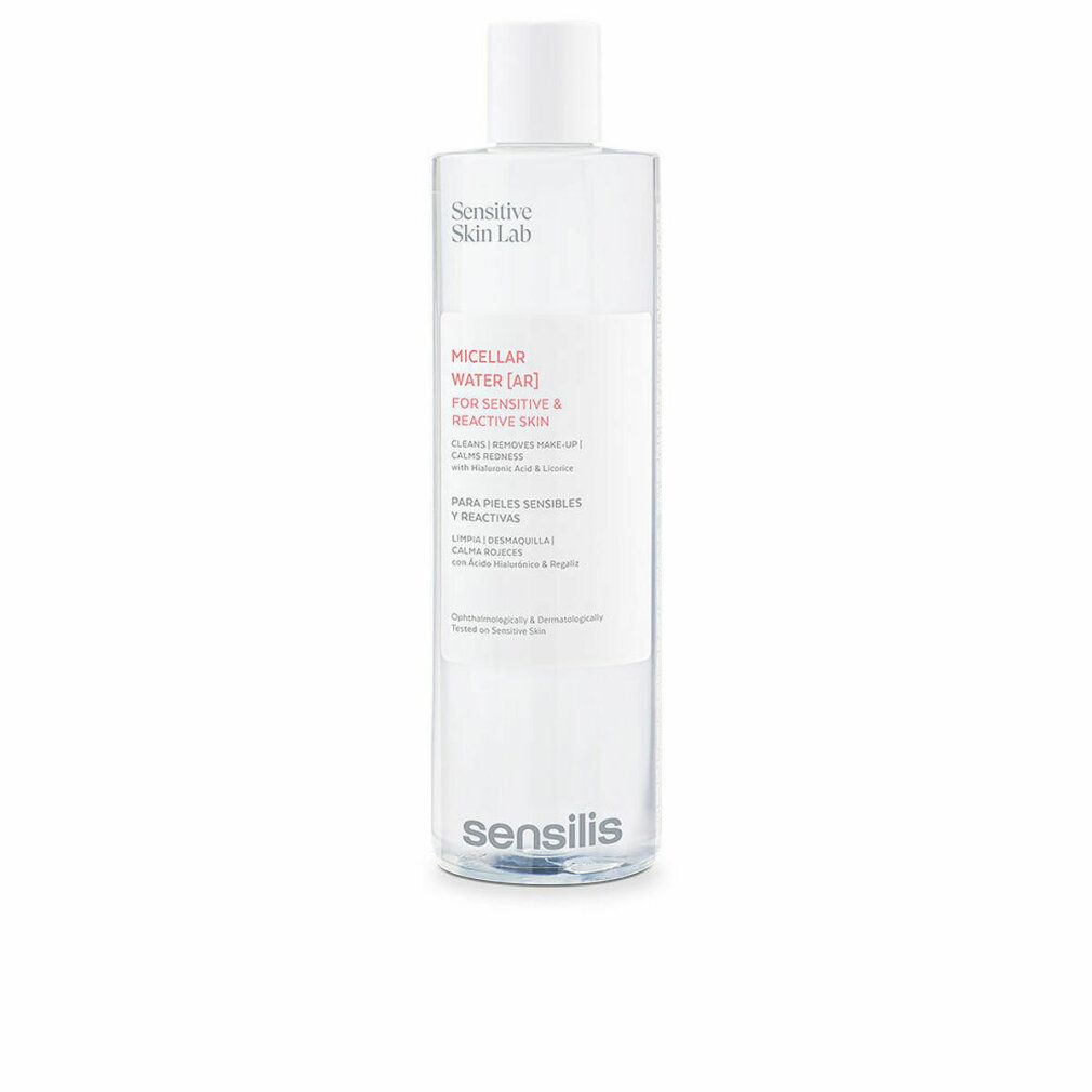Flacone trasparente con tappo bianco. Etichetta con informazioni prodotto. Sensilis Micellar Water [AR] per pelli sensibili.
