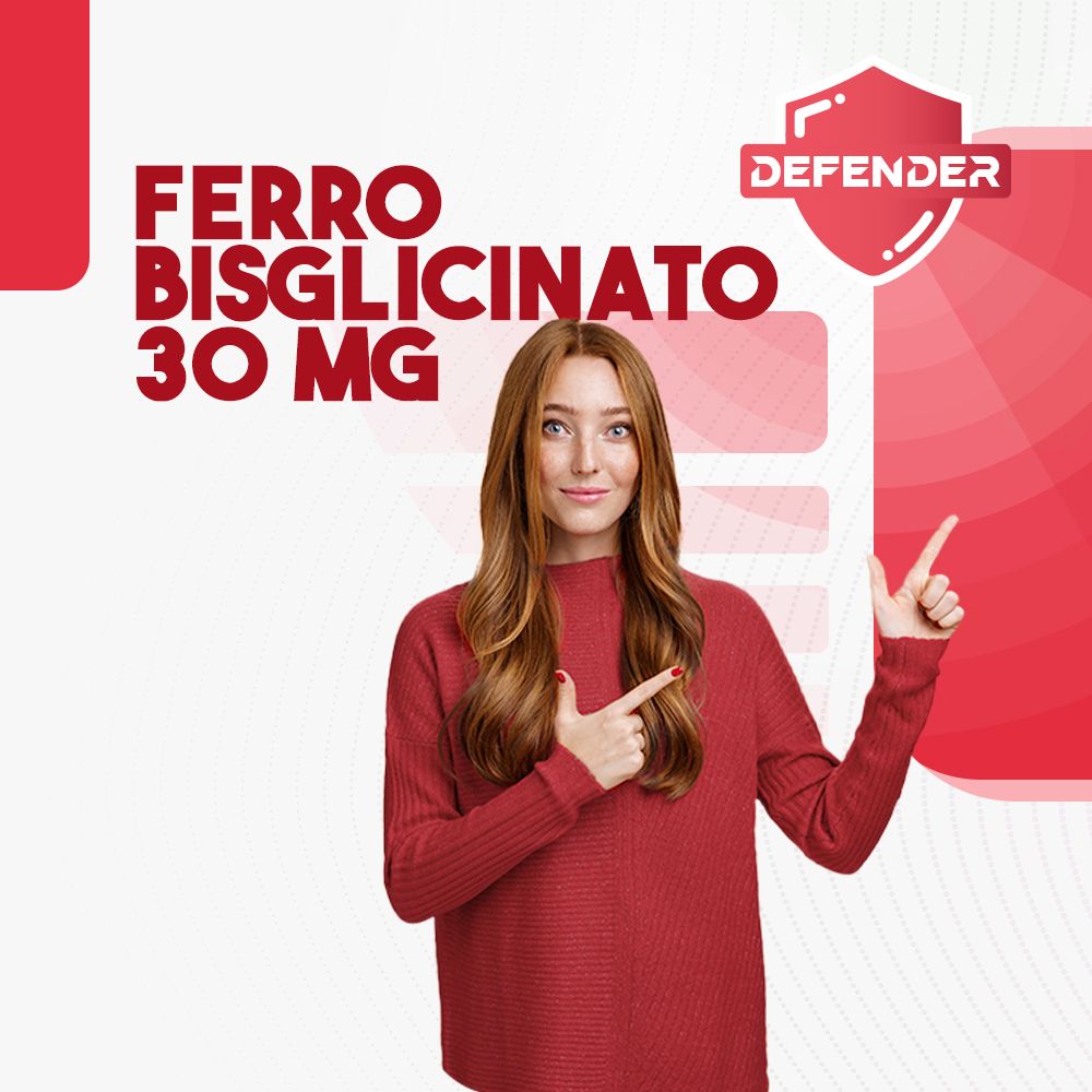 Donna che indica il testo: Ferro Bisglicinato 30 MG. Maglione rosso. Sfondo: rosso e bianco.