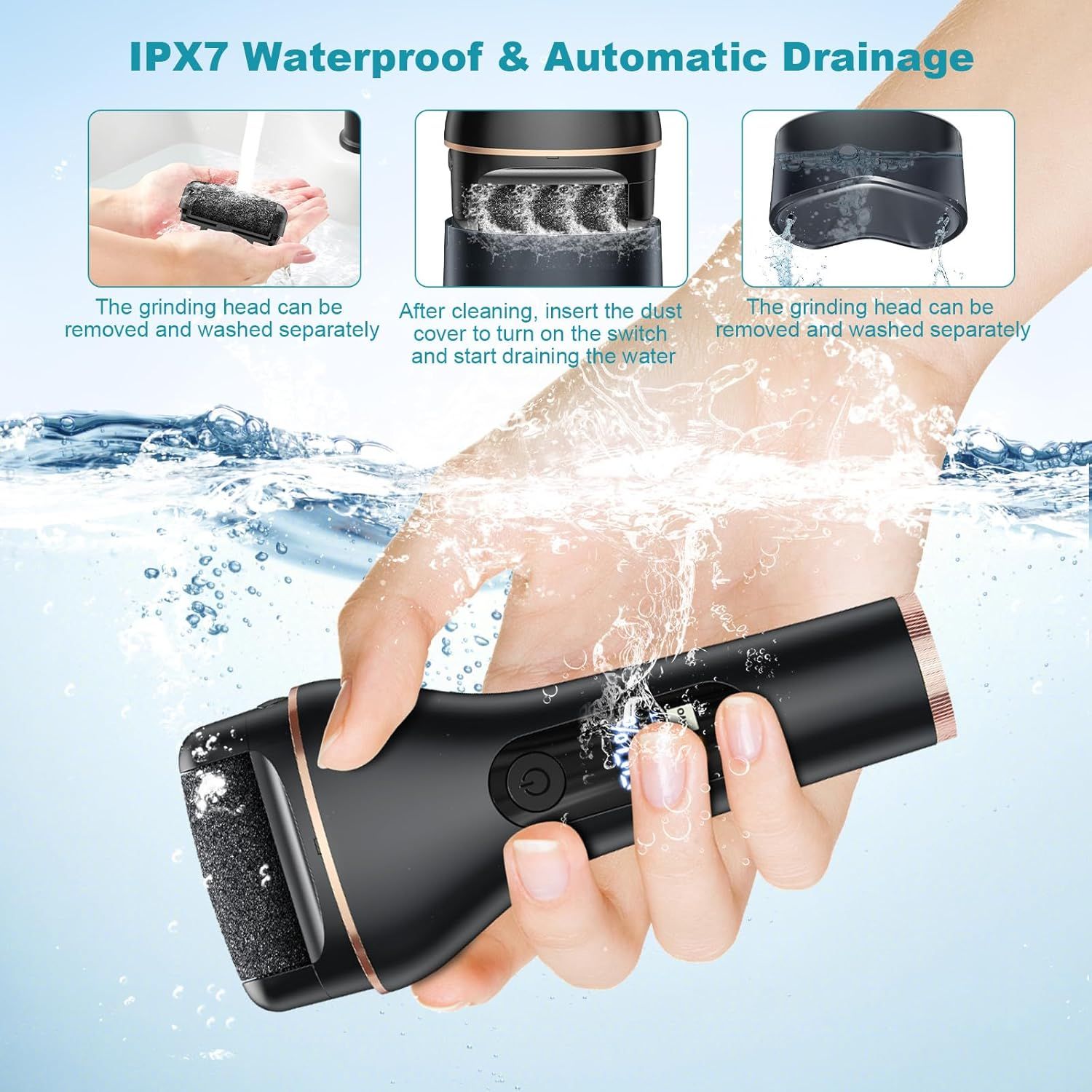 Levacalli elettrico sott'acqua. Scritta: « IPX7 Waterproof & Automatic Drainage ». Corpo nero con dettagli dorati. Impermeabile.