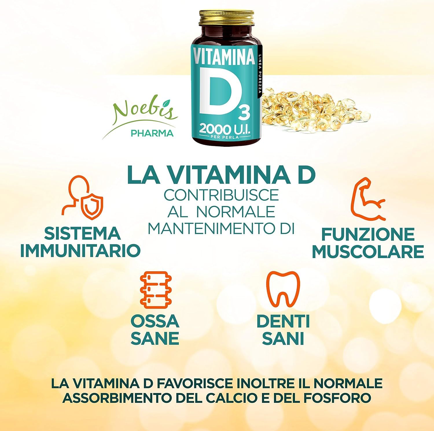 Flacone Vitamina D3 2000 UI con logo Noebis Pharma e icone sistema immunitario, muscoli, ossa, denti.