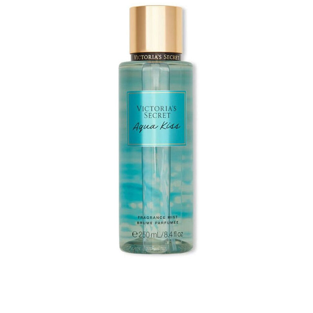 Flacone con tappo dorato. Scritta "Victoria's Secret Aqua Kiss". Sfondo turchese. "Fragrance Mist" e indicazione del volume.