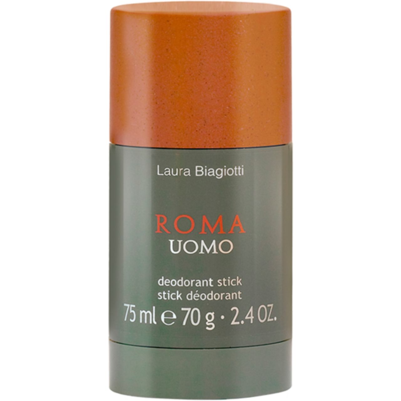 Stick deodorante Roma Uomo di Laura Biagiotti. Tappo arancione, contenitore verde. Scritta Roma Uomo, 75 ml.