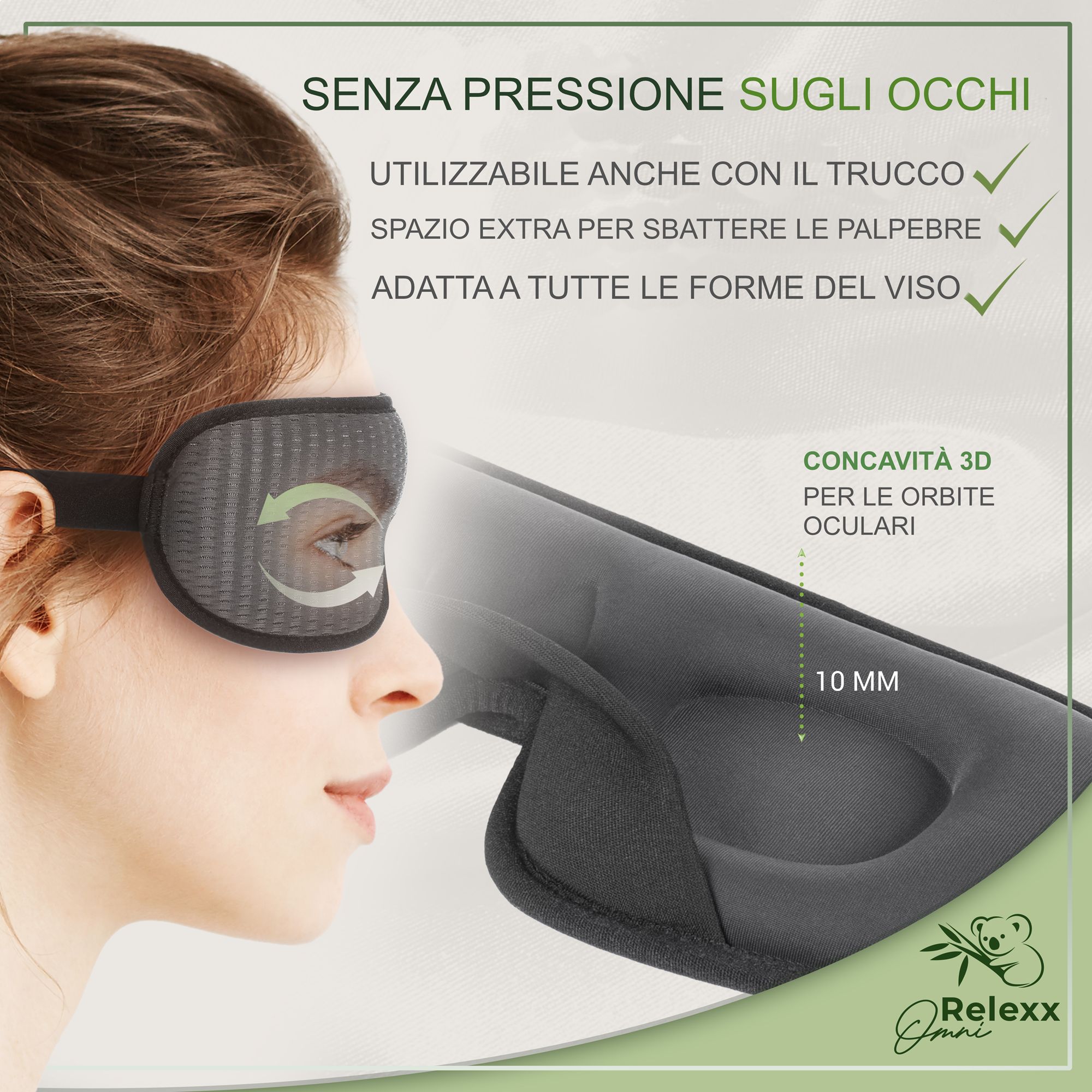 Persona con maschera per dormire. Incavo 3D per le orbite oculari. 10 mm. Marchio OmniRelexx.