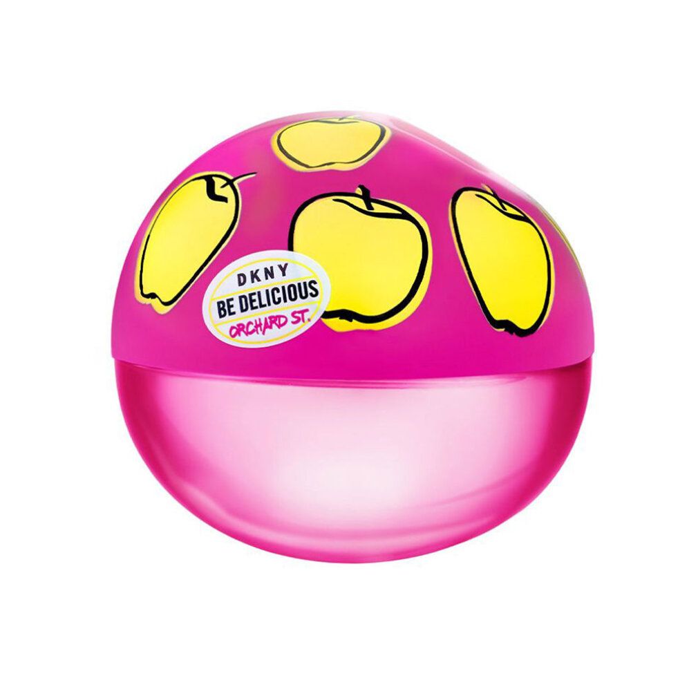 Flacone rotondo rosa con illustrazioni di mele gialle. Scritta: DKNY BE DELICIOUS ORCHARD ST.
