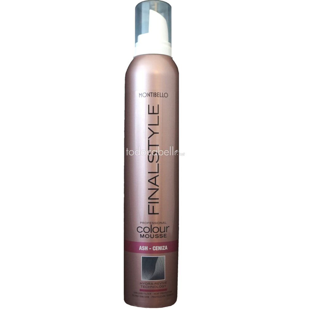 Montibel-Lo Finalstyle Schiuma Intensificante Colore. Flacone rosa, erogatore trasparente. Scritte: FINALSTYLE, COLOUR MOUSSE, ASH - CENIZA.