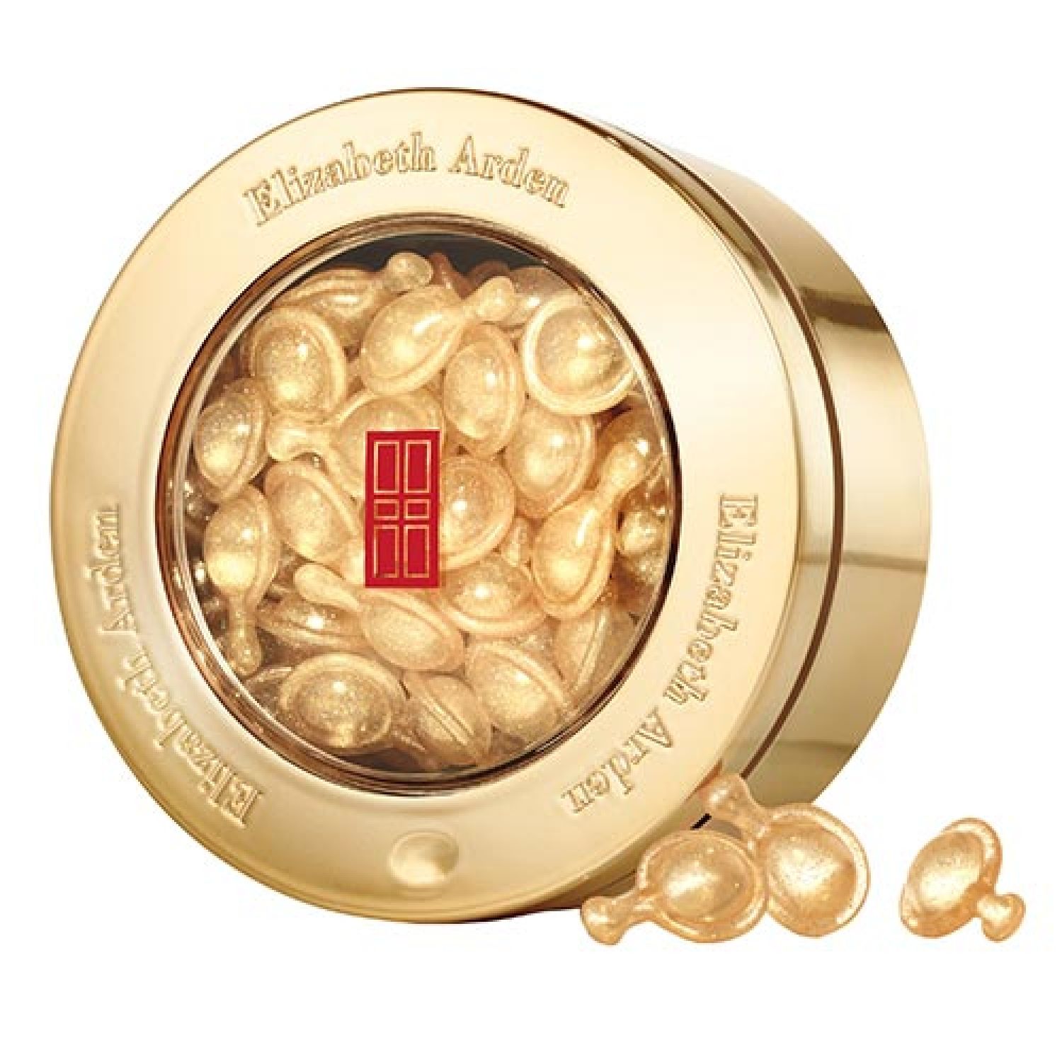 Barattolo dorato con capsule. Scritta Elizabeth Arden. Alcune capsule accanto.