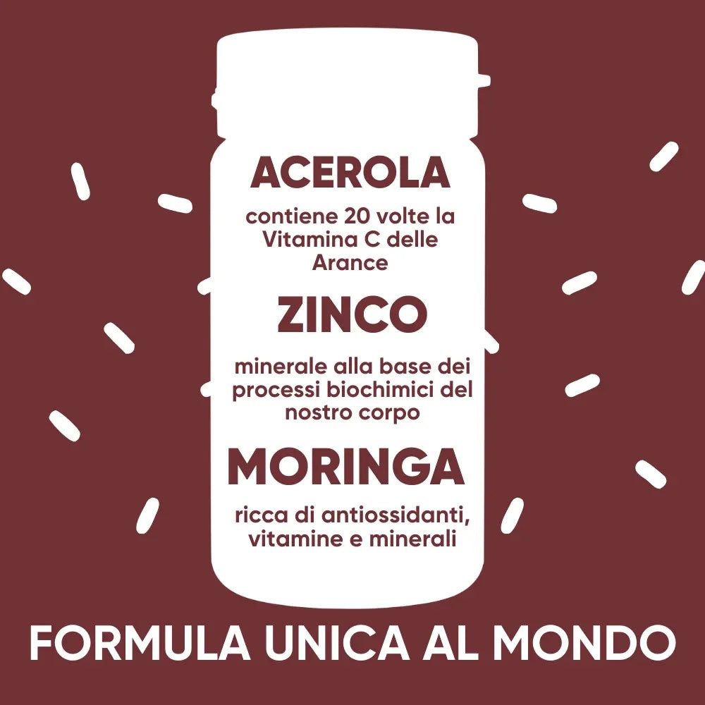 Flacone bianco con testo: Acerola, Zinco, Moringa. Formula. Scritta: Formula unica al mondo.