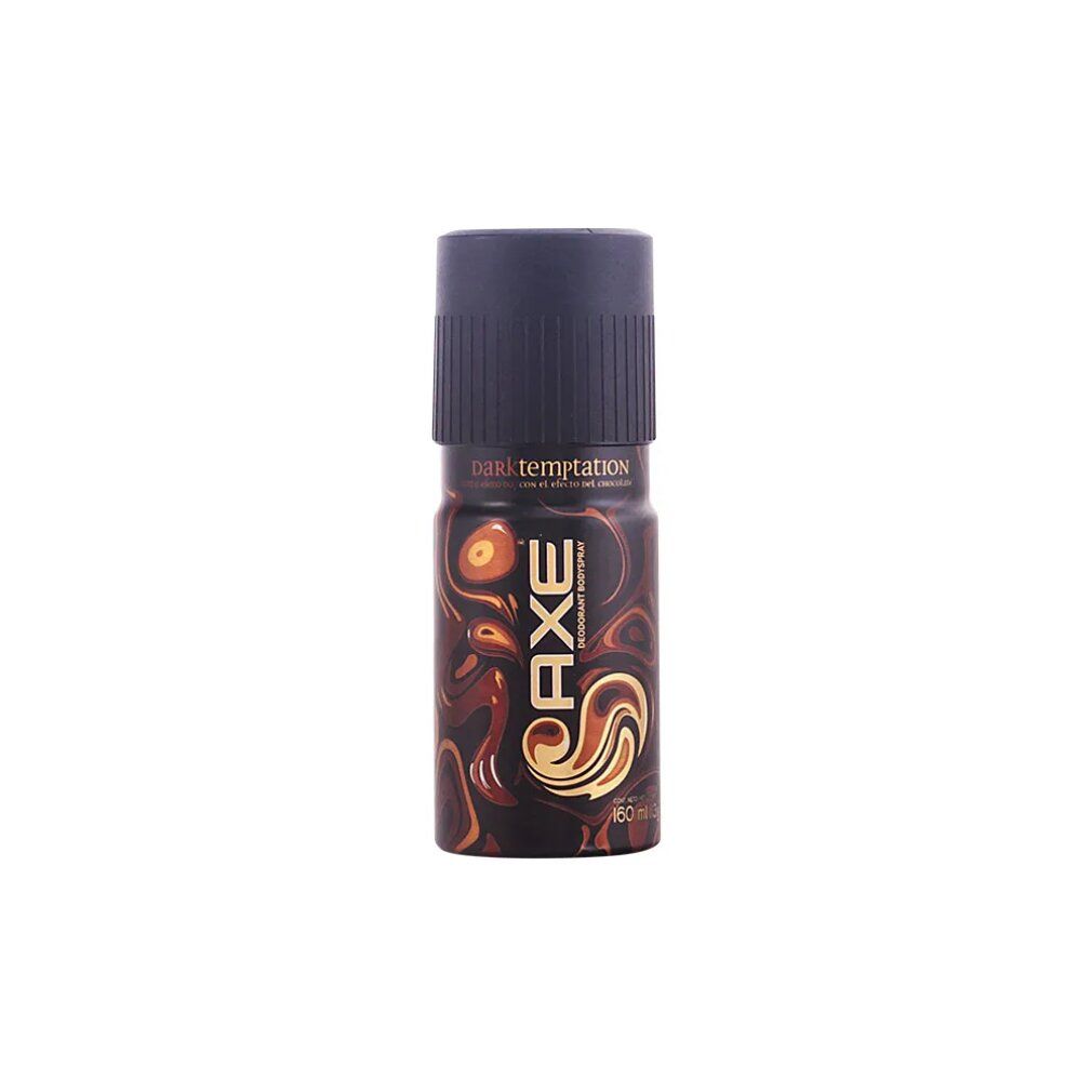 Bomboletta spray deodorante con motivo marrone. Scritta: AXE DARK TEMPTATION DEODORANT BODYSPRAY. Tappo nero.