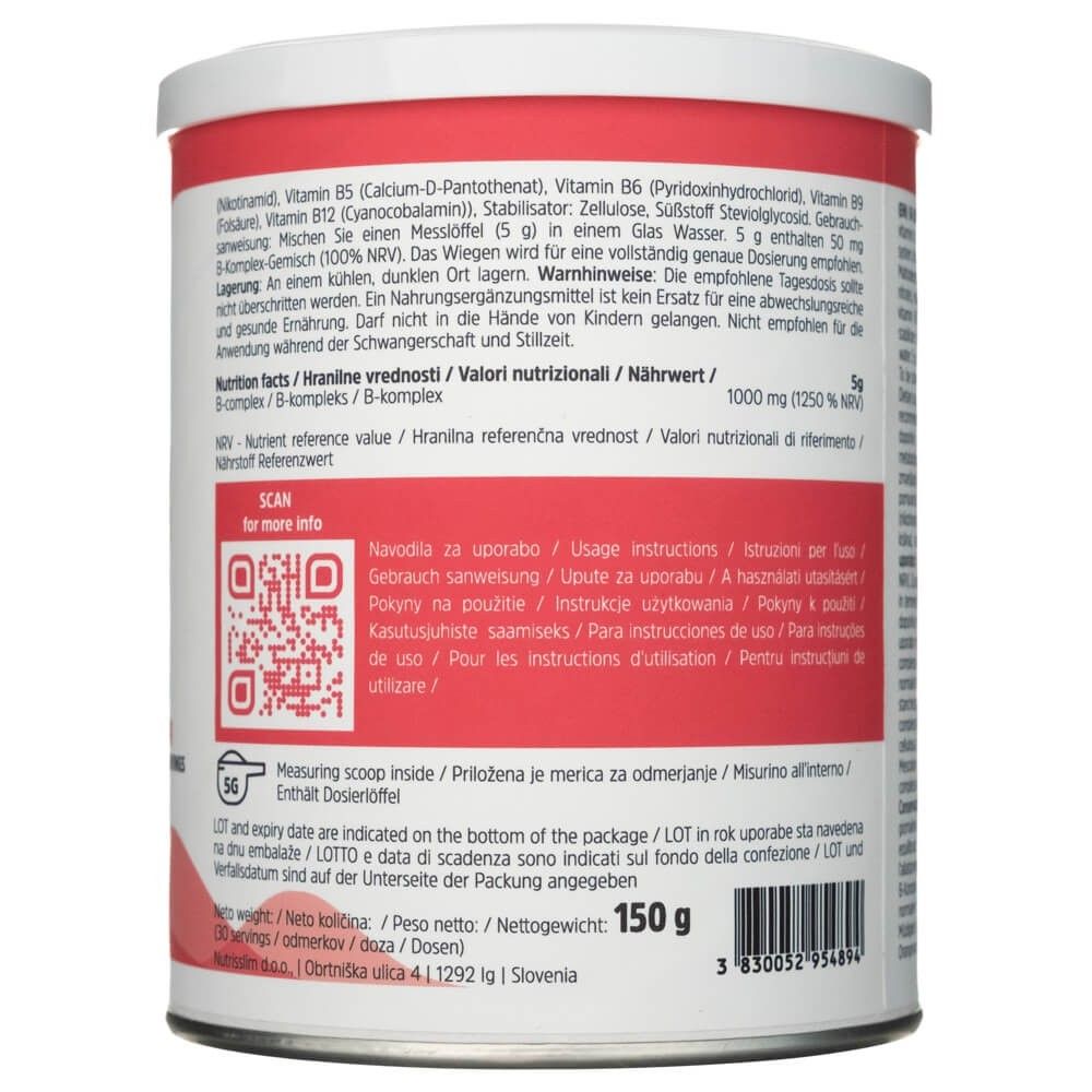 Una lattina di integratori alimentari, 150g. Include un misurino. Informazioni nutrizionali e d'uso stampate.
