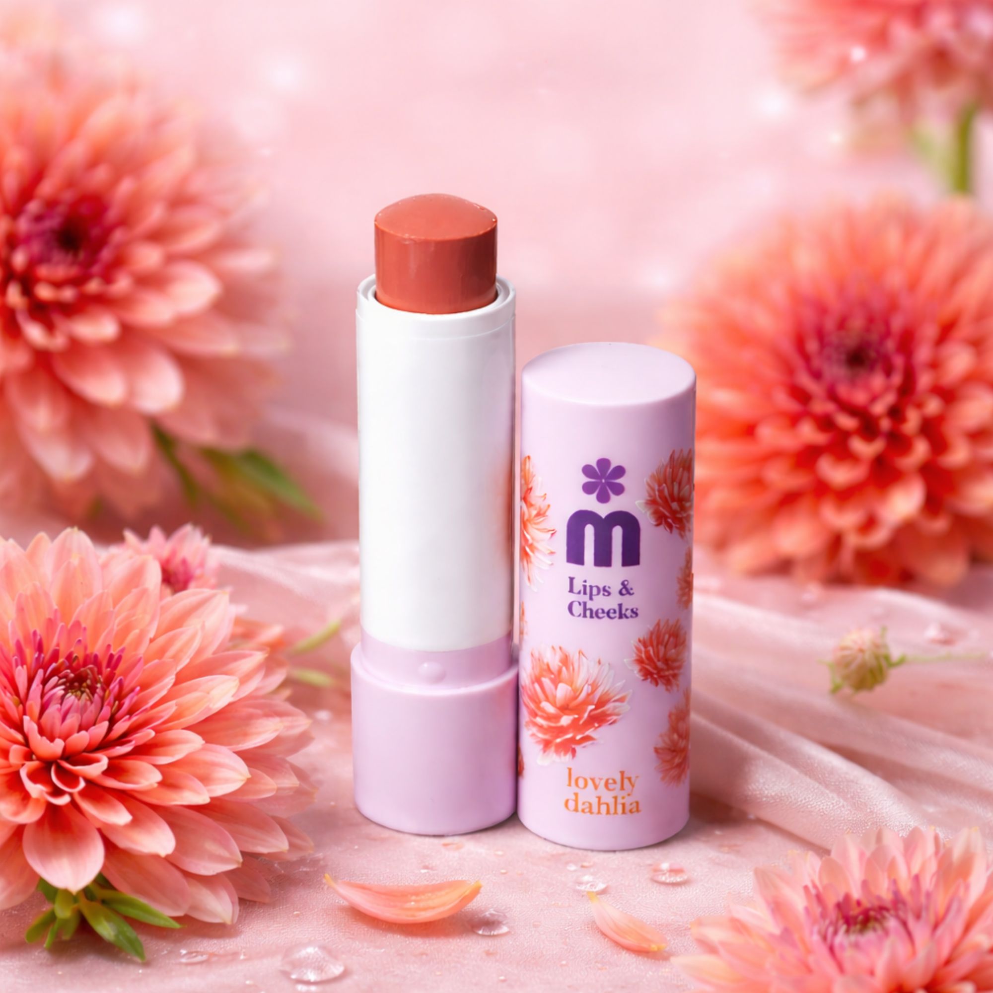 Balsamo per labbra e guance con coperchio aperto. Stick bianco con balsamo rosa. Fiori sullo sfondo.