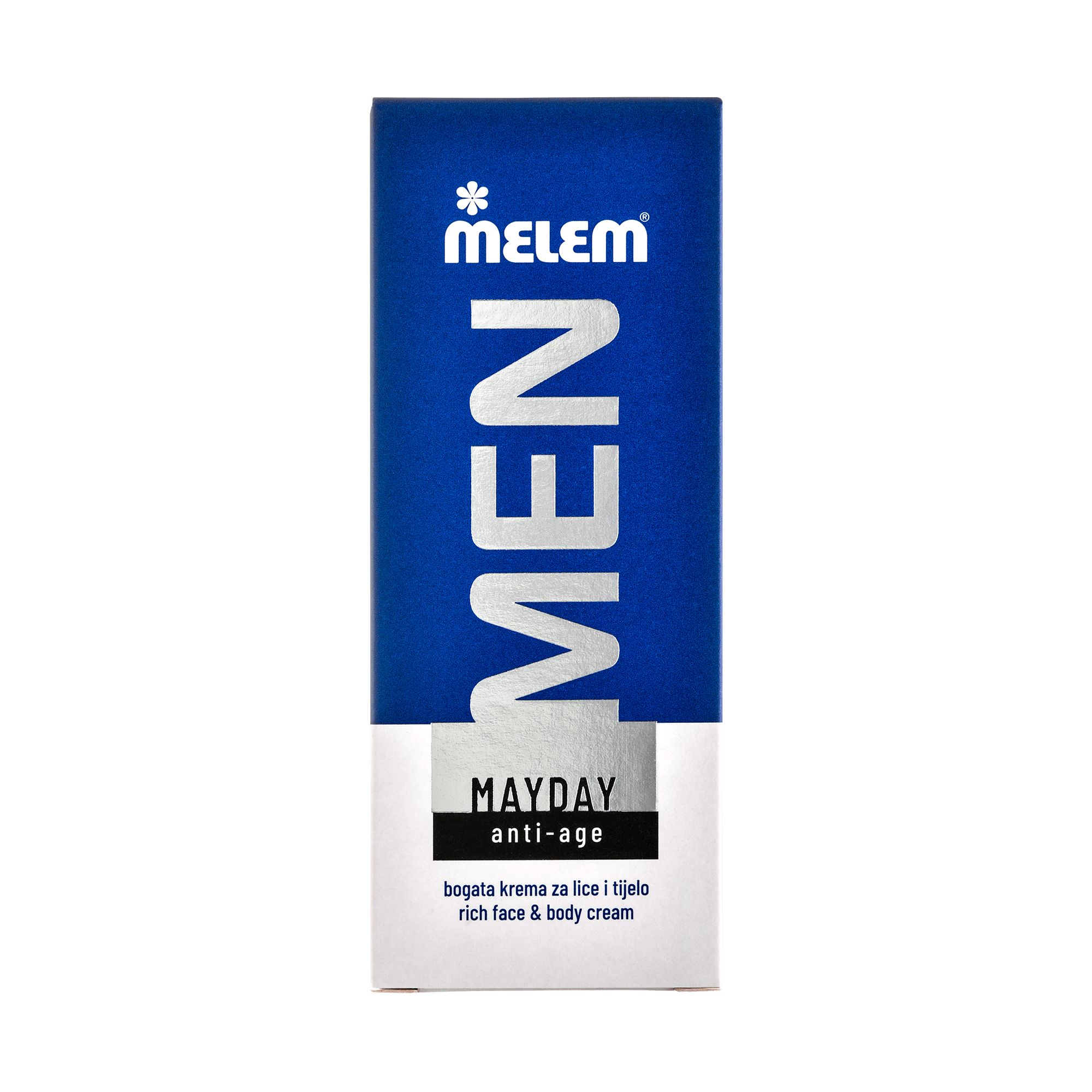 Confezione blu con testo bianco. Visibili "MEN" e "MAYDAY anti-age". Marchio: Melem.