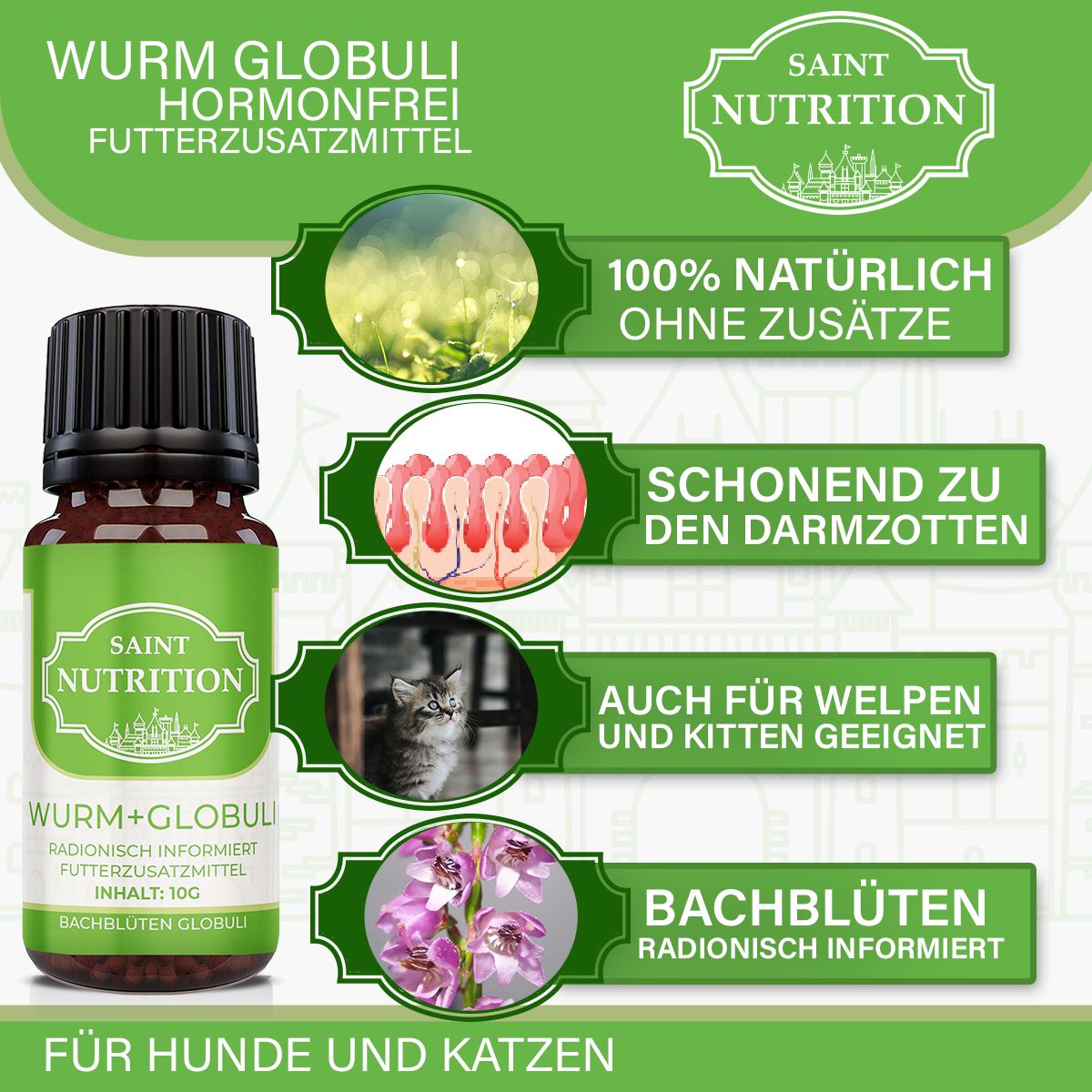 Flacone del prodotto con infografiche. Contiene immagini di piante, villi intestinali, gatto e fiori.