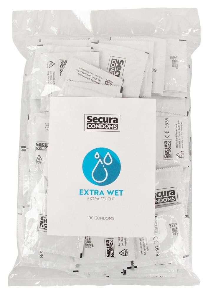 Confezione da 100 preservativi Secura Extra Wet. Preservativi confezionati singolarmente.