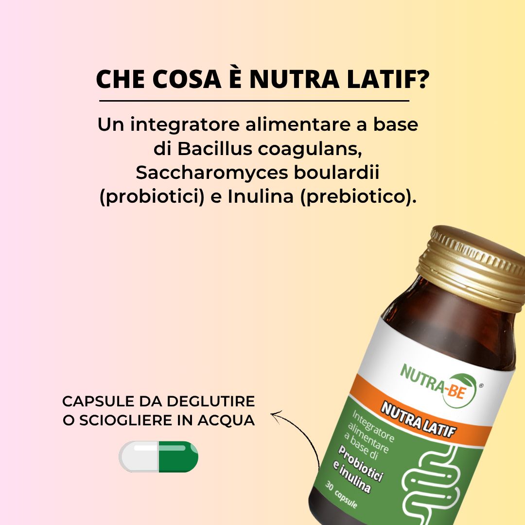 Flacone "NUTRA LATIF" accanto al testo: "Cos'è NUTRA LATIF?" Integratore con Bacillus coagulans, Saccharomyces boulardii, inulina.