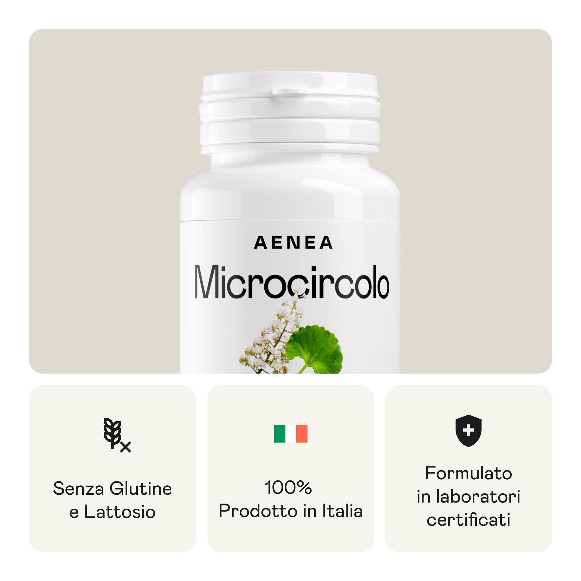 Flacone di compresse Aenea Microcircolo. Scritte: Senza glutine, senza lattosio, prodotto in Italia. Certificazioni.