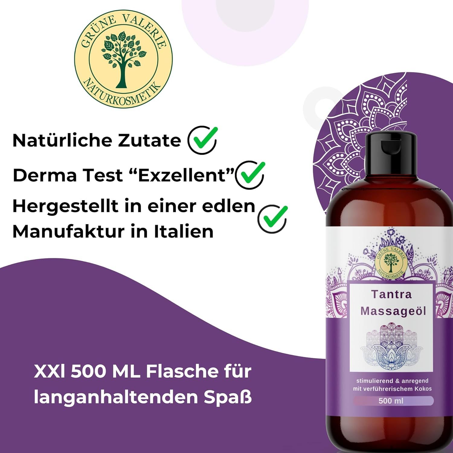 Bottiglia marrone di Tantra Massageöl. Scritta: Tantra Massageöl. Logo: Grüne Valerie Naturkosmetik. Testo: Ingredienti naturali, Derma Test, Made in Italy.
