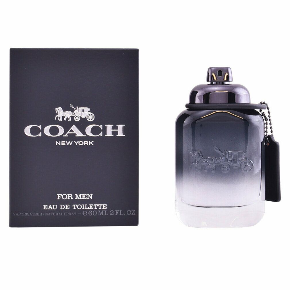 Coach For Men Eau de Toilette. Flacone e confezione. Scatola nera con logo e scritta. Flacone con etichetta.