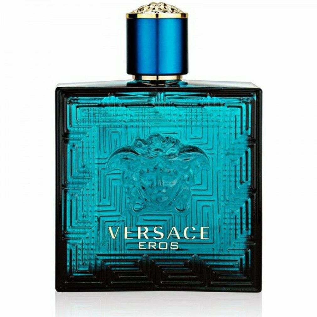 Flacone turchese quadrato. Scritta: VERSACE EROS. Logo Medusa. Tappo blu.