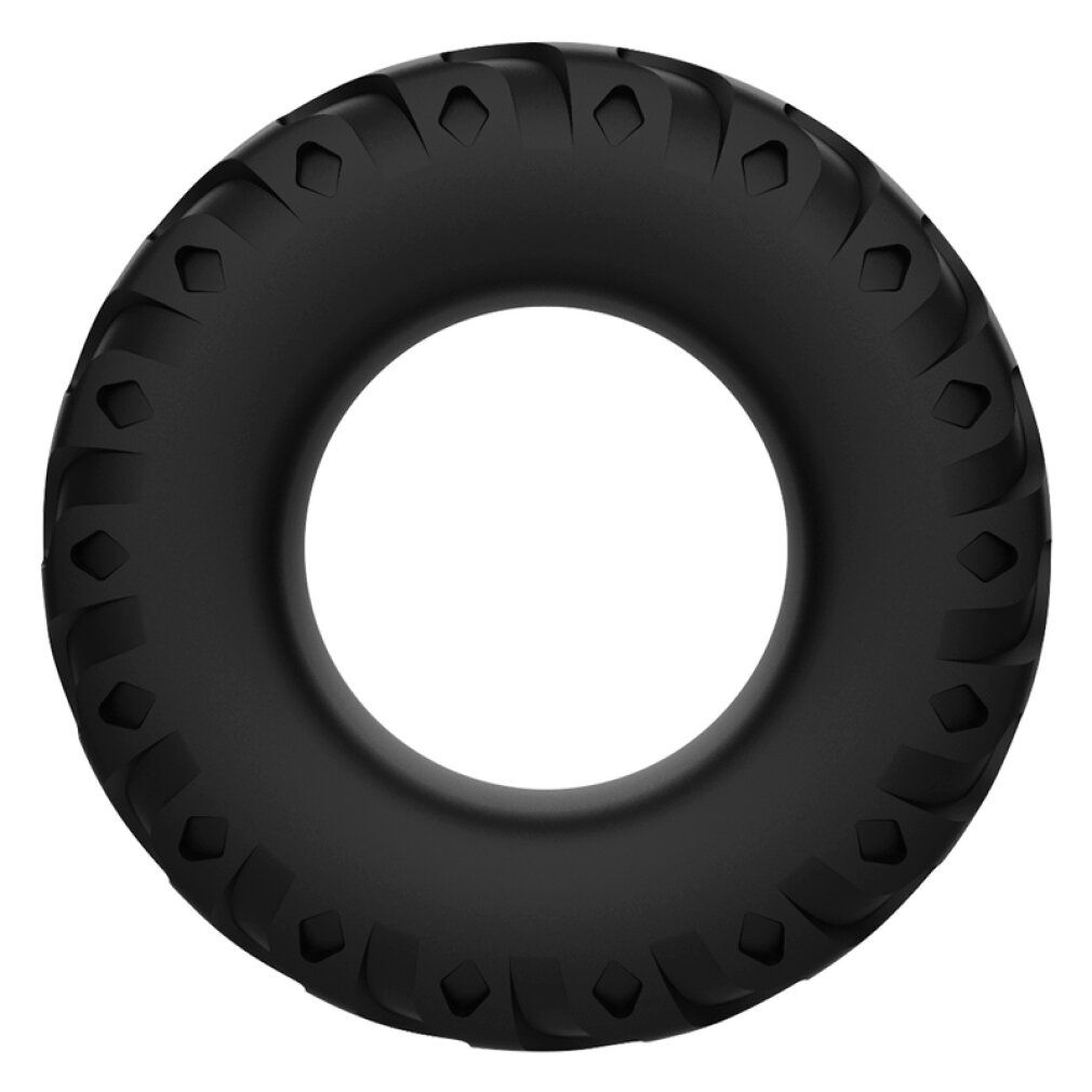 Anello per il pene nero in silicone con superficie strutturata. Forma rotonda con un foro al centro.
