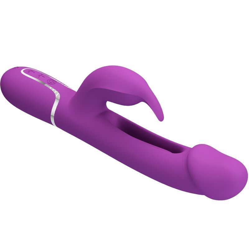 Vibratore coniglio viola, vista prospettica dall'alto con controlli argentati.